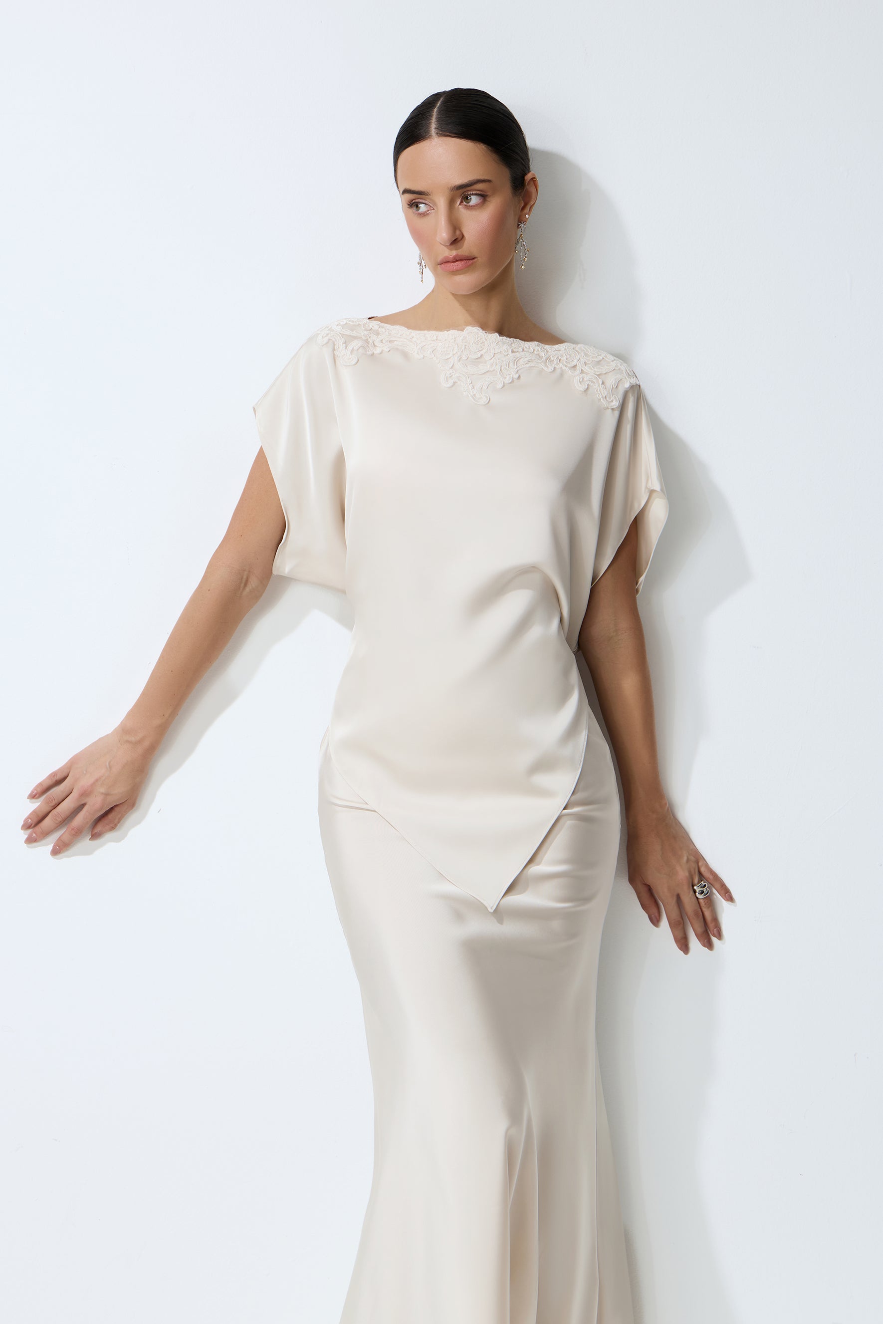 Purely Elegant Beige Lace-Trim Asymmetric Satin Top & Skirt Set