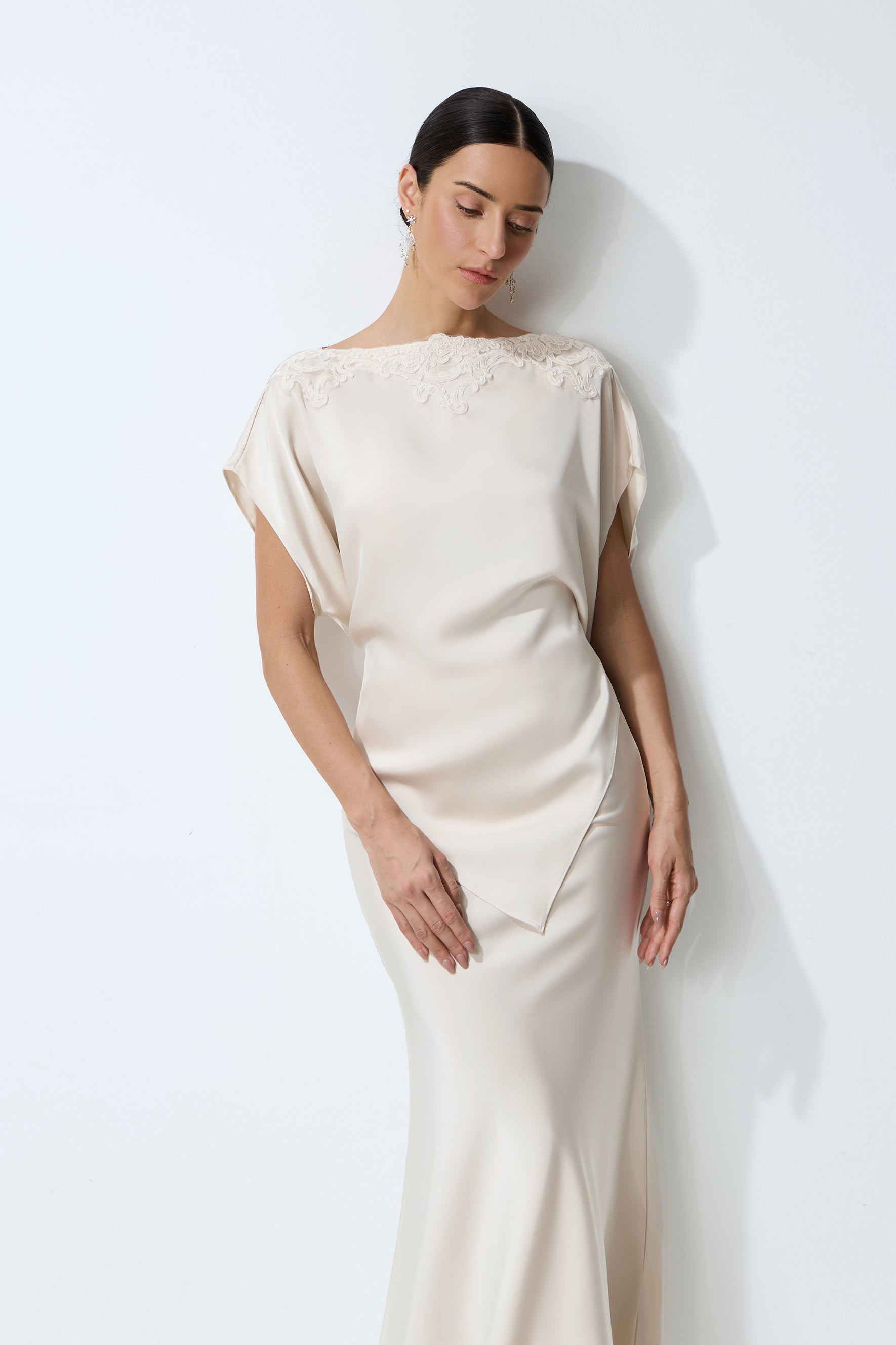 Purely Elegant Beige Lace-Trim Asymmetric Satin Top & Skirt Set