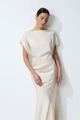 Purely Elegant Beige Lace-Trim Asymmetric Satin Top & Skirt Set