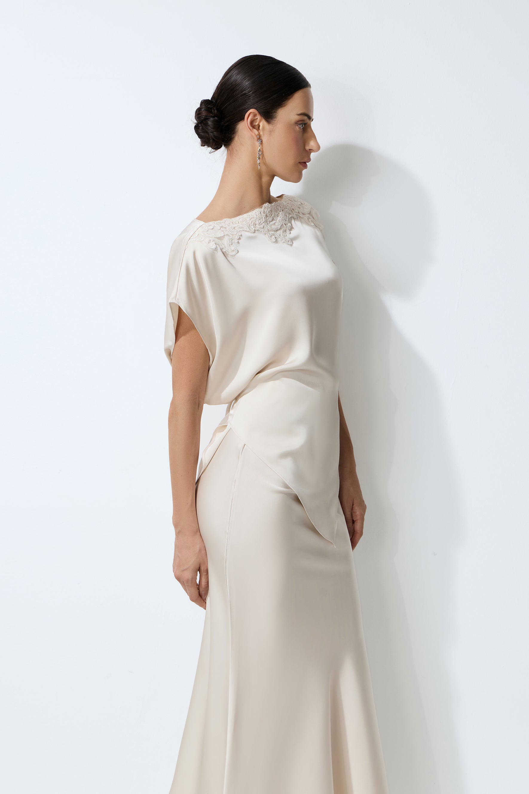 Purely Elegant Beige Lace-Trim Asymmetric Satin Top & Skirt Set