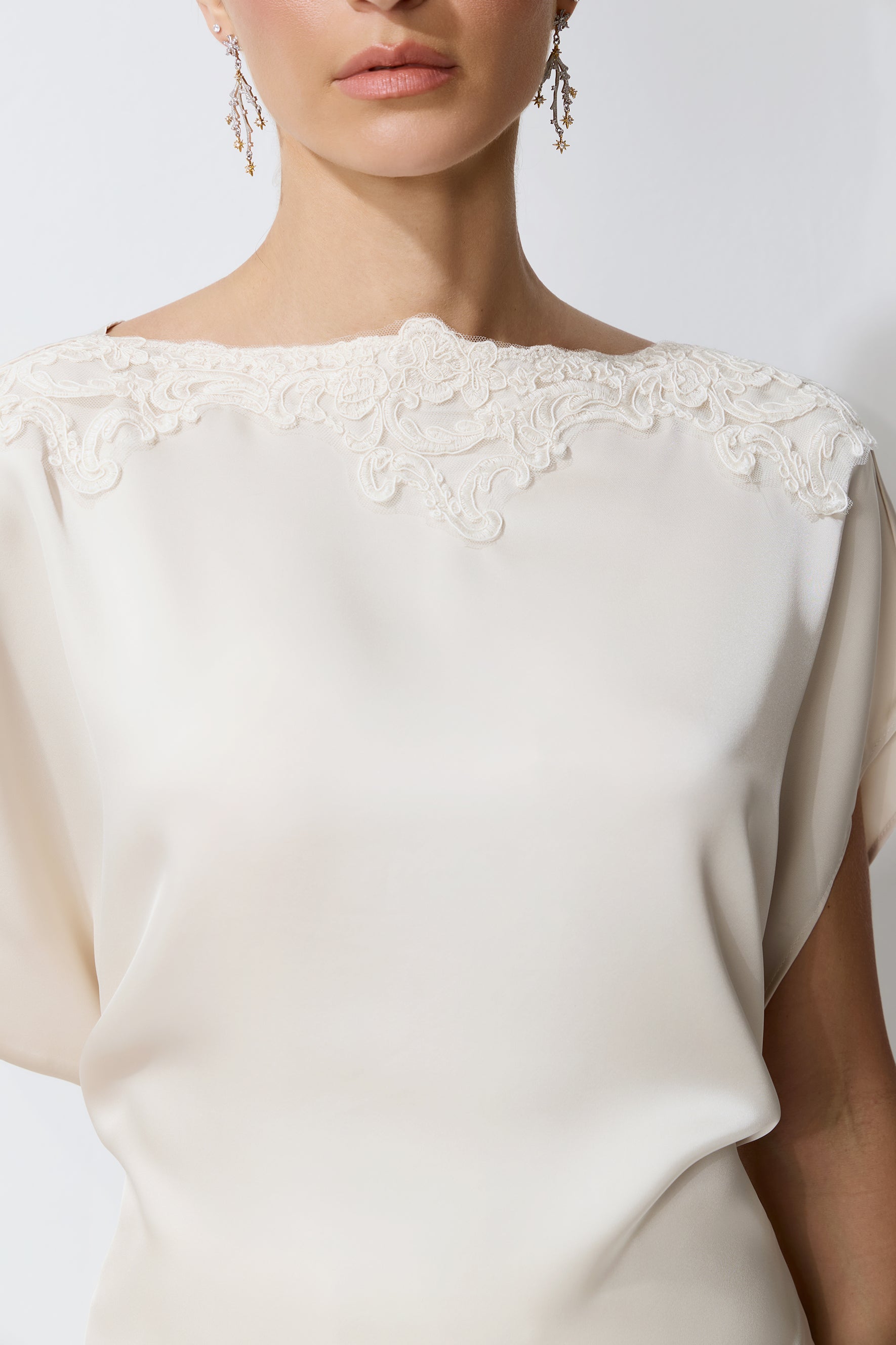 Purely Elegant Beige Lace-Trim Asymmetric Satin Top & Skirt Set