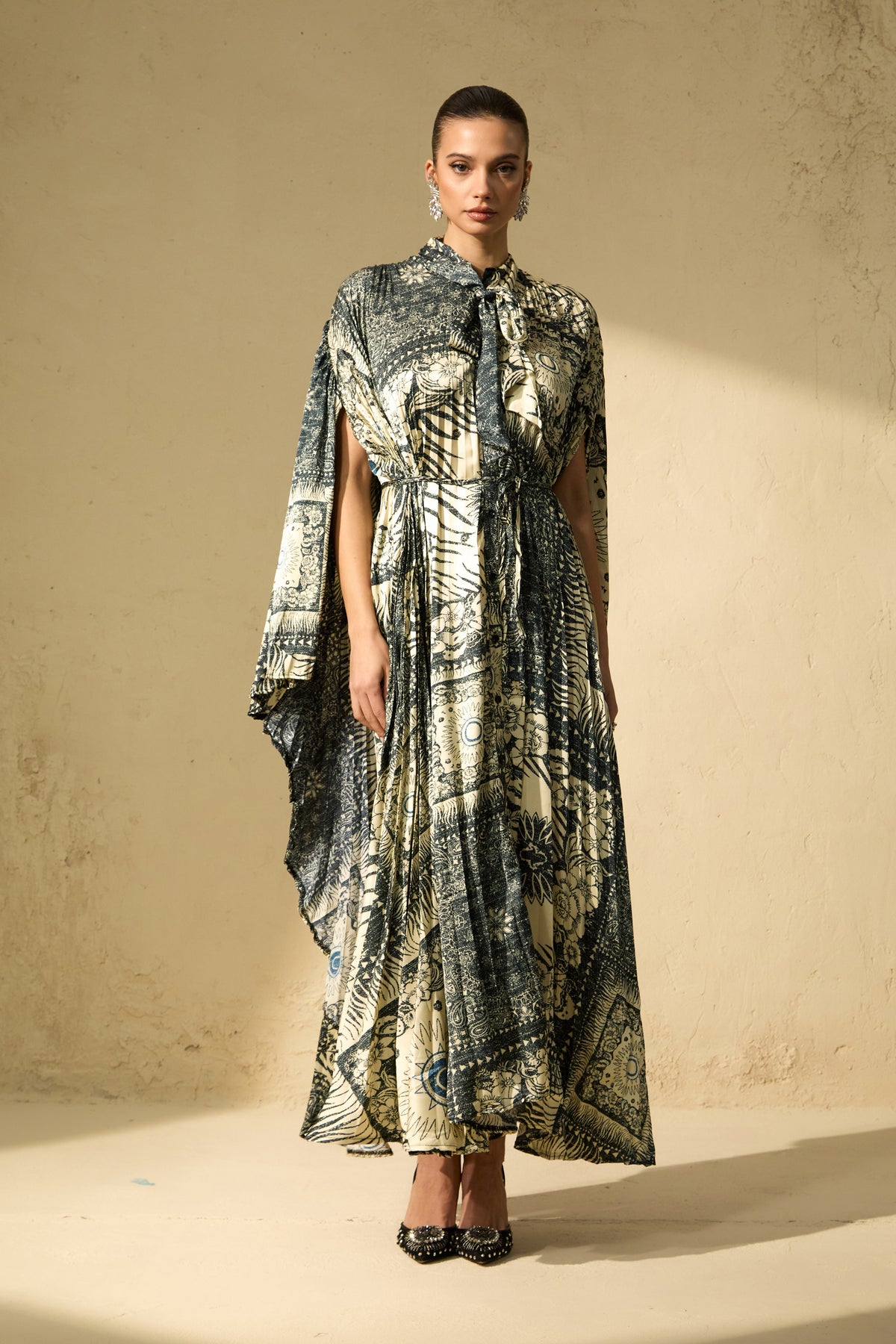Signature Elegance Beige Printed Cape Sleeve Maxi Dress