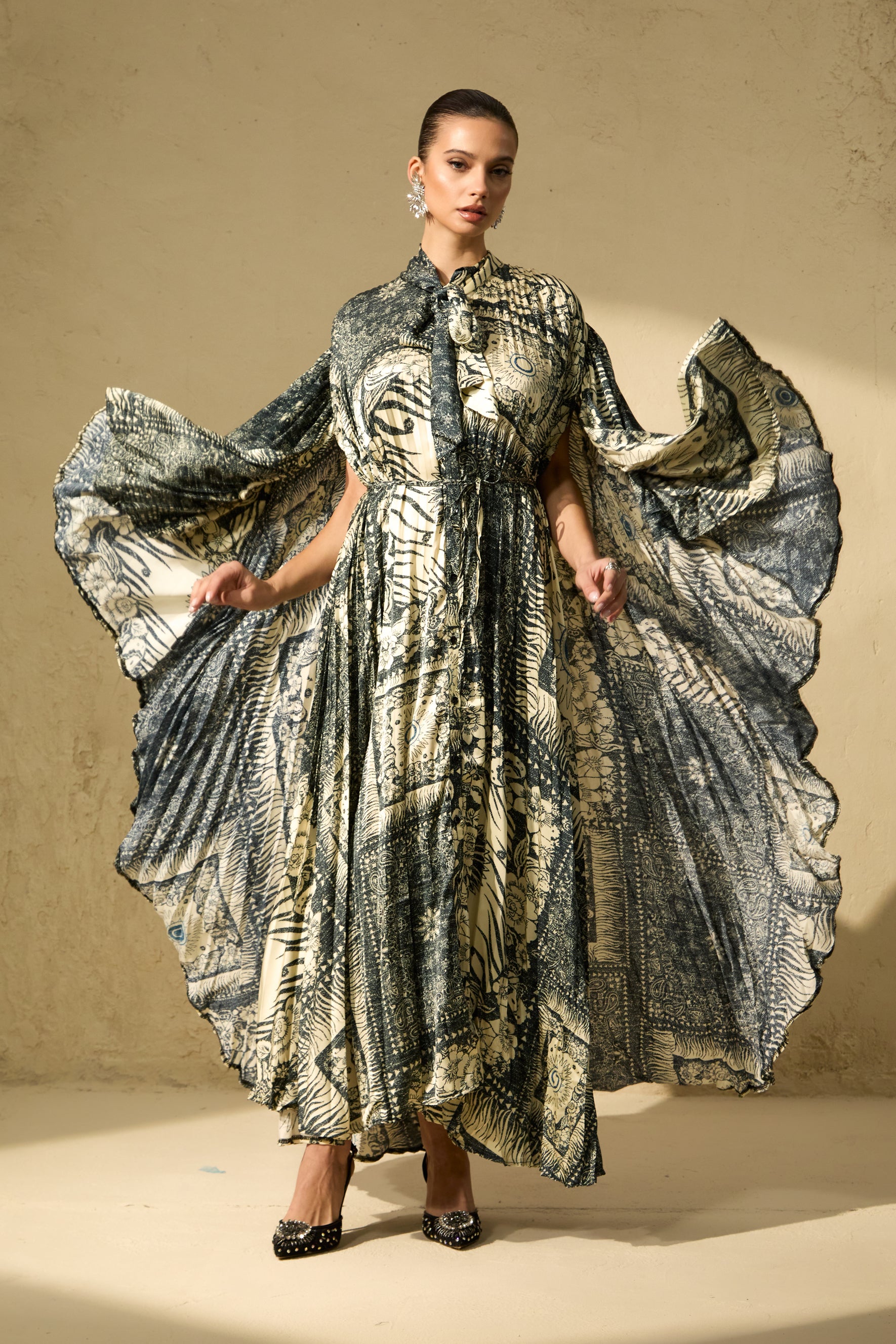 Signature Elegance Beige Printed Cape Sleeve Maxi Dress