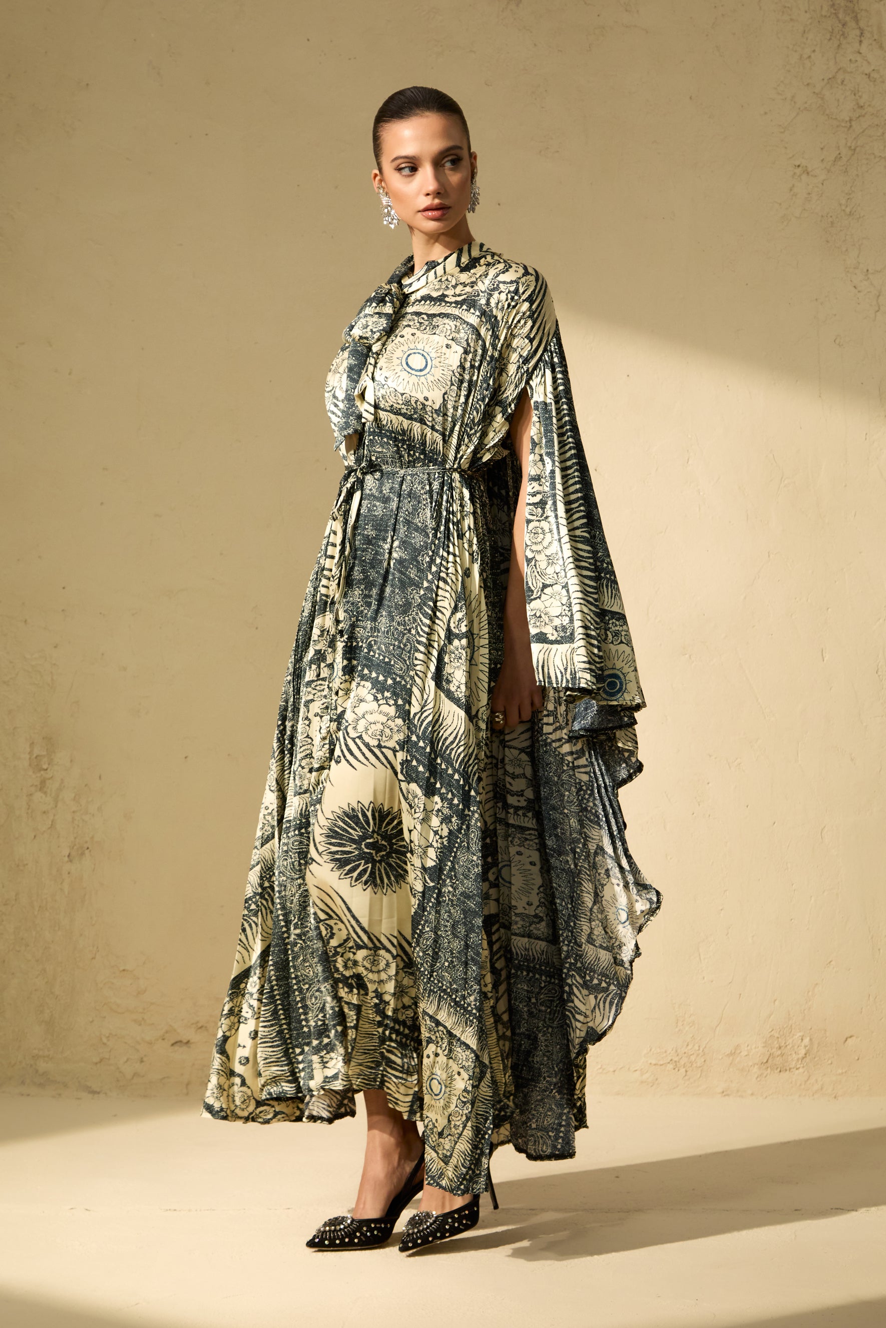 Signature Elegance Beige Printed Cape Sleeve Maxi Dress