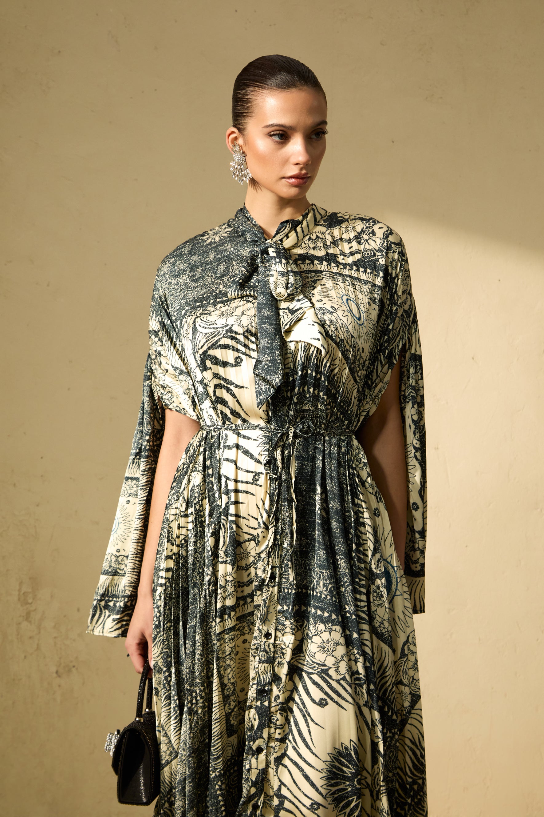 Signature Elegance Beige Printed Cape Sleeve Maxi Dress