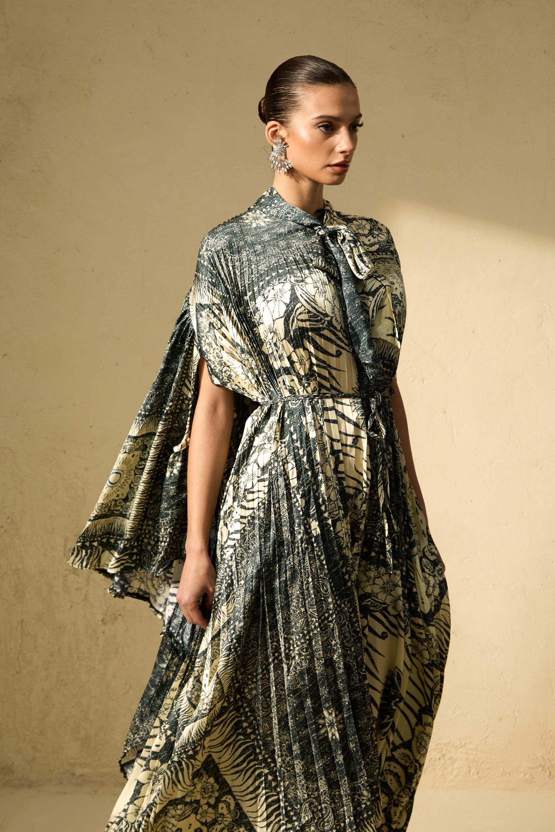 Signature Elegance Beige Printed Cape Sleeve Maxi Dress