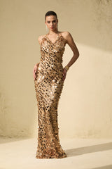 Radiance Starlet Gold Sequin Fishnet Maxi Dress