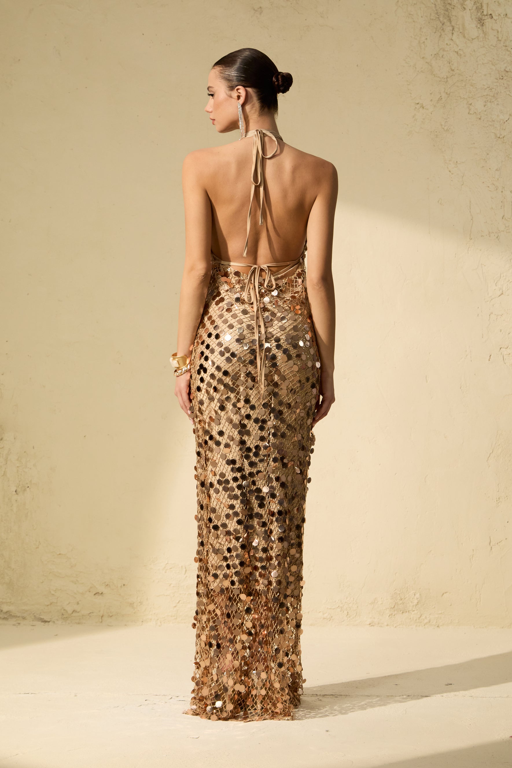 Radiance Starlet Gold Sequin Fishnet Maxi Dress