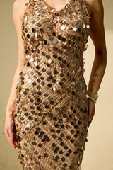 Radiance Starlet Gold Sequin Fishnet Maxi Dress