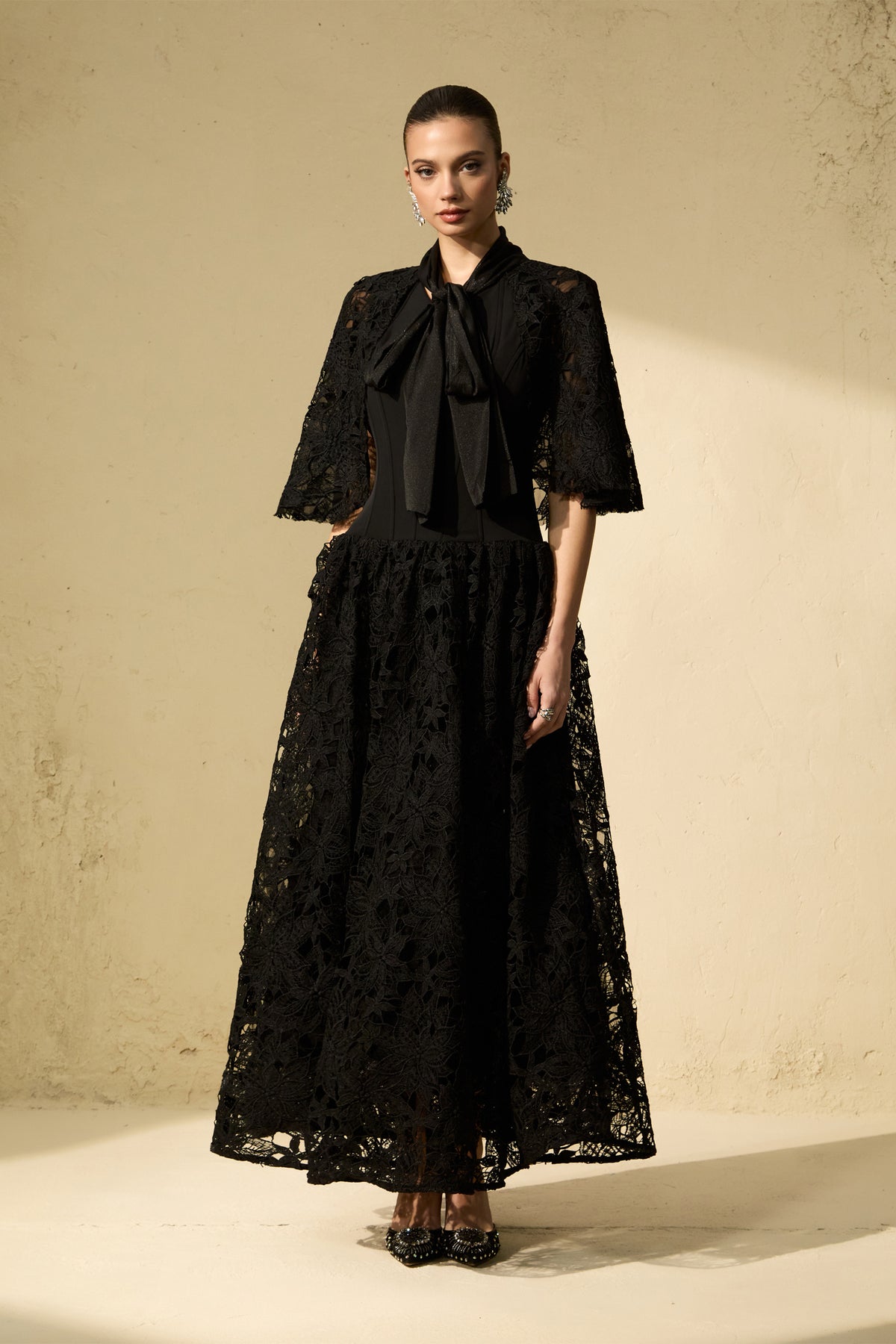 Glamorous Disposition Black Floral Lace Cape Maxi Dress