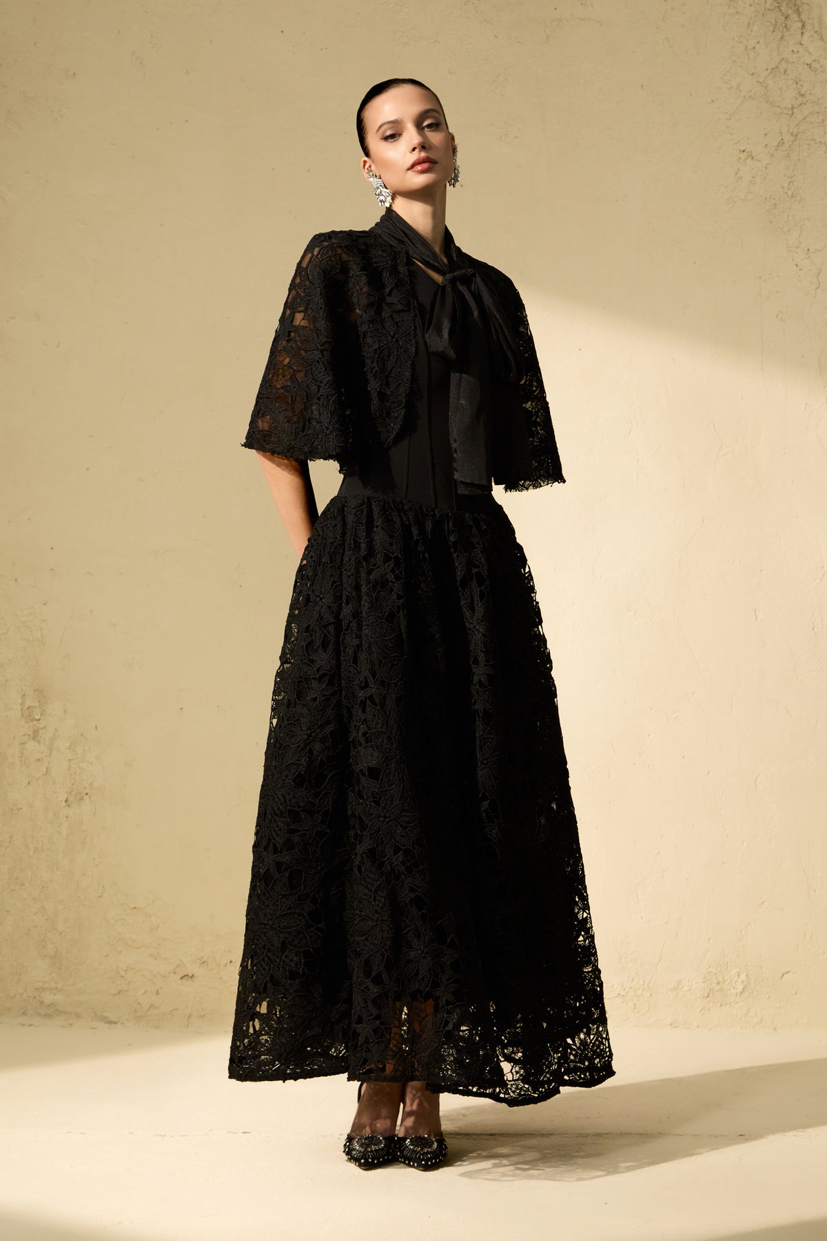 Glamorous Disposition Black Floral Lace Cape Maxi Dress