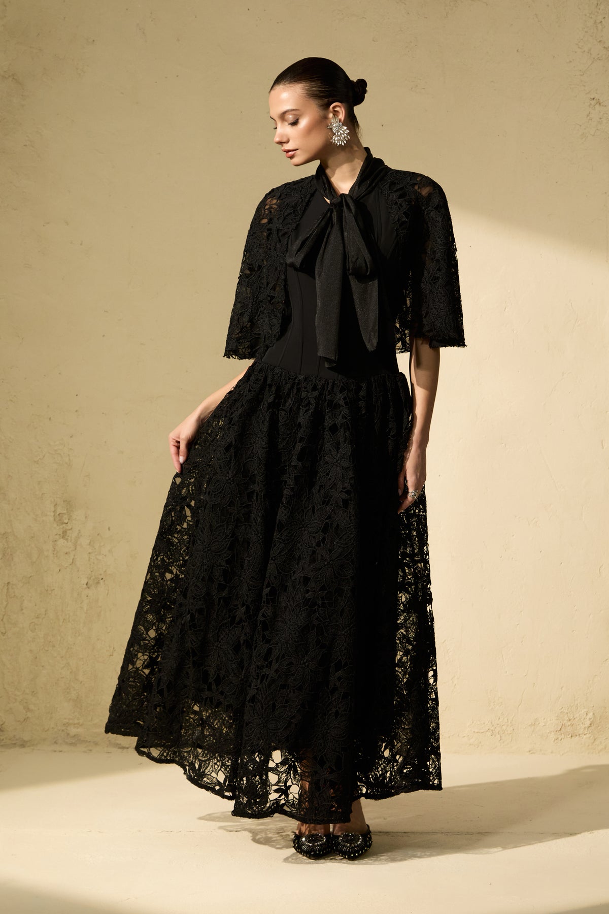 Glamorous Disposition Black Floral Lace Cape Maxi Dress