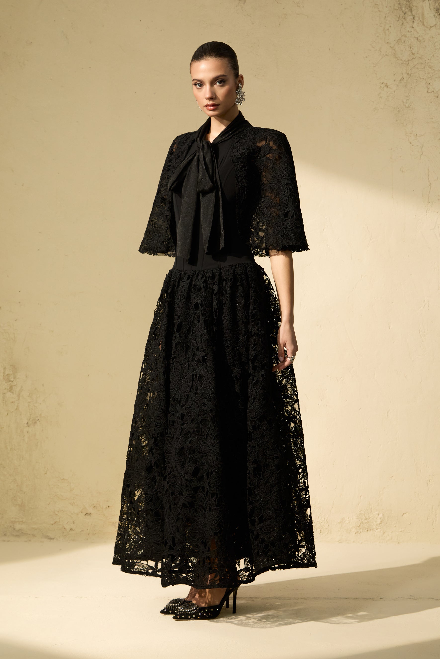 Glamorous Disposition Black Floral Lace Cape Maxi Dress