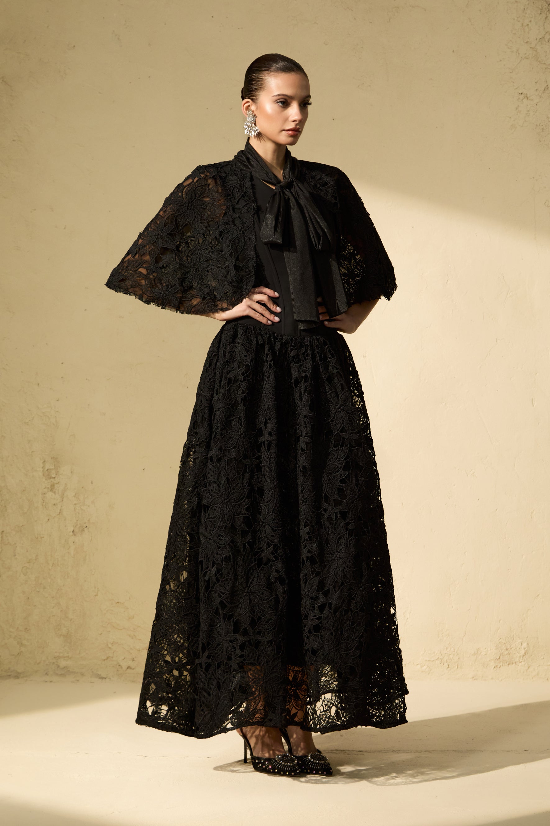 Glamorous Disposition Black Floral Lace Cape Maxi Dress