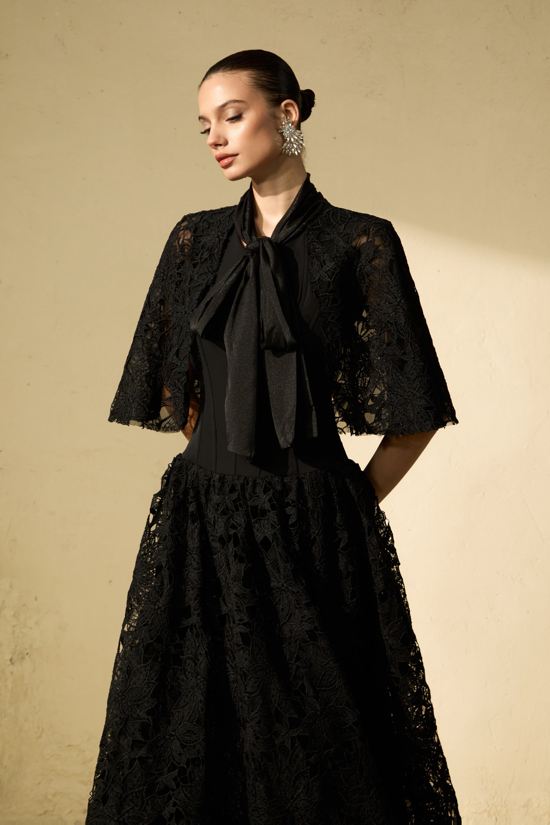 Glamorous Disposition Black Floral Lace Cape Maxi Dress