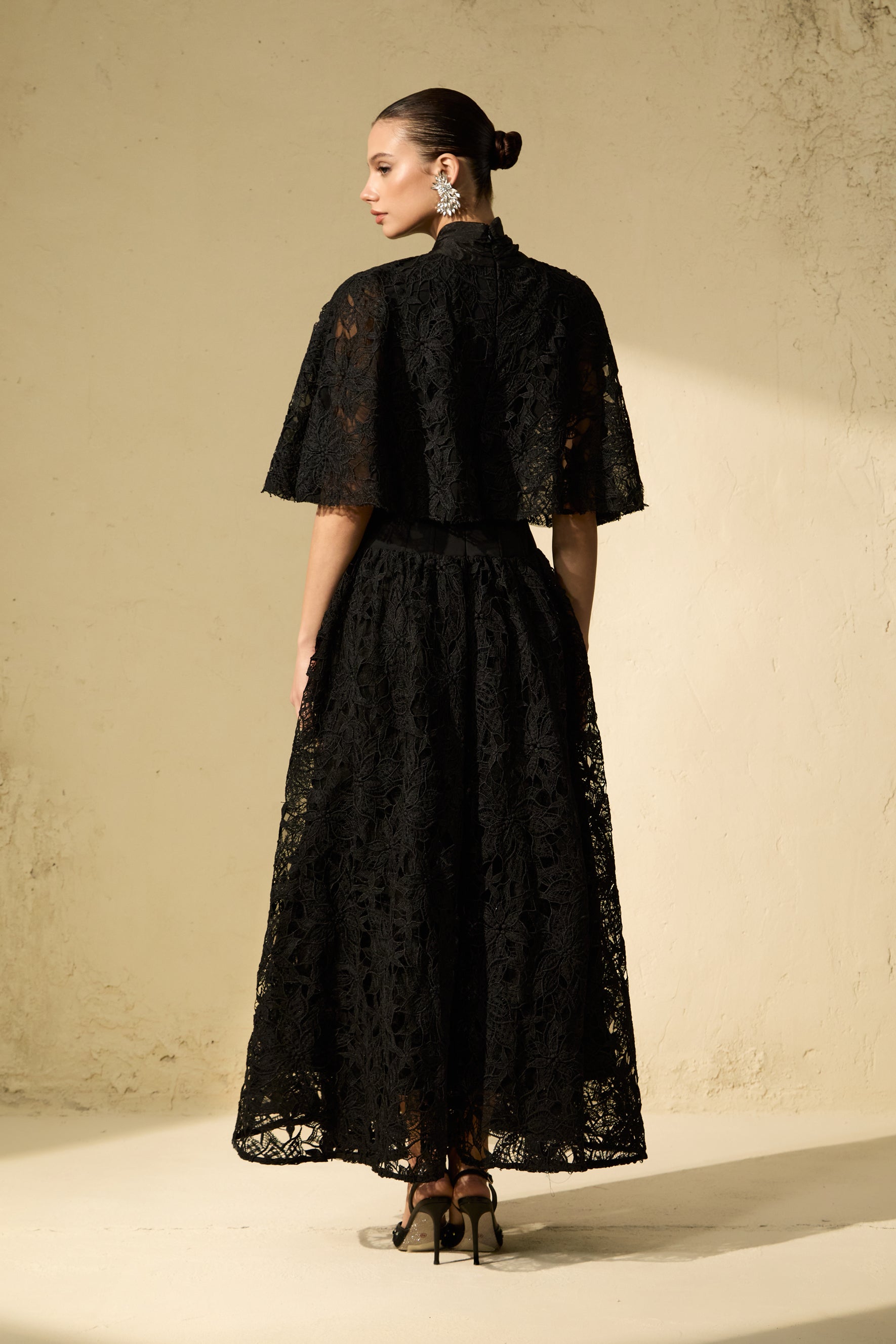 Glamorous Disposition Black Floral Lace Cape Maxi Dress
