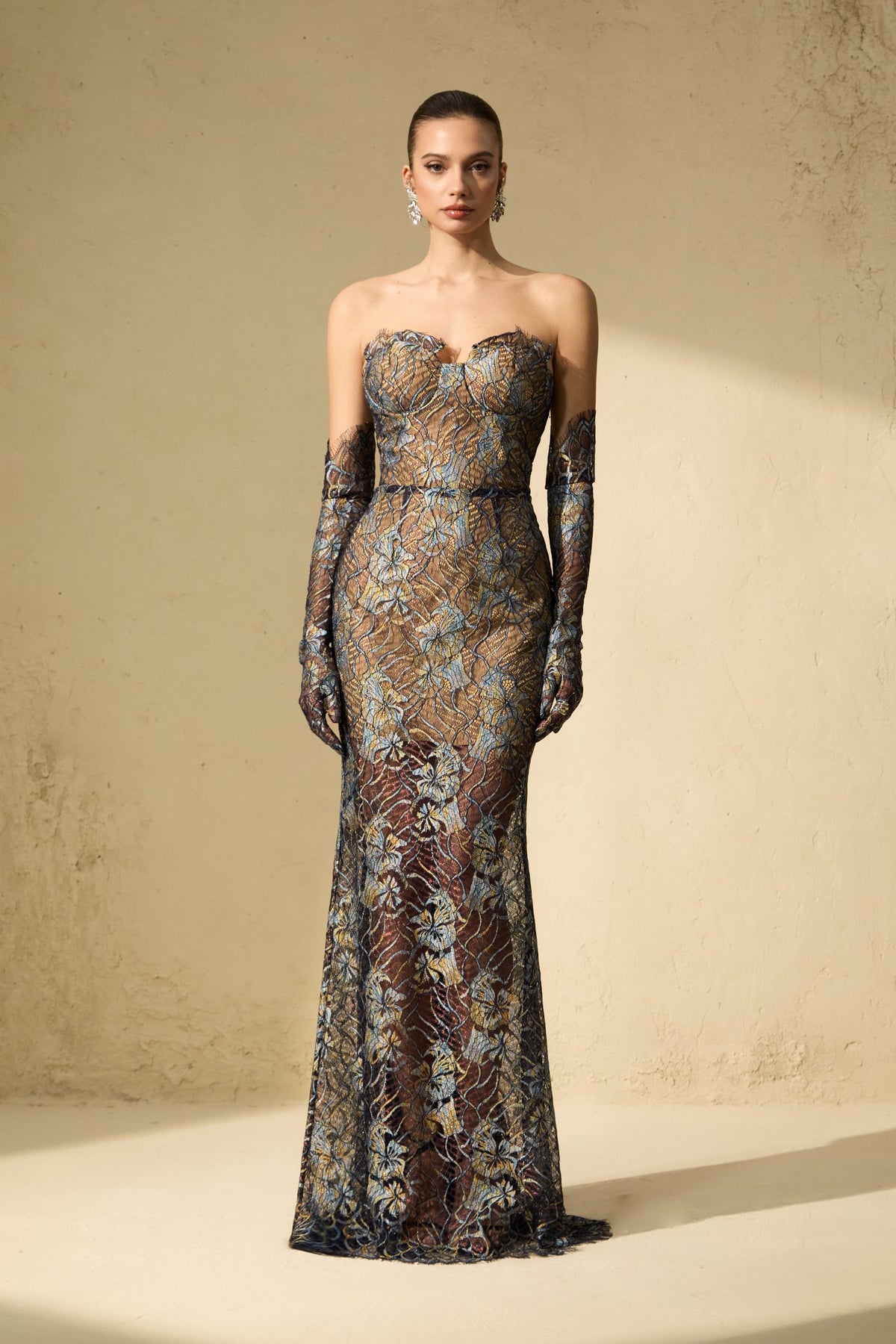 Sheer Fascination Blue Strapless Embroidered Lace Maxi Dress With Gloves