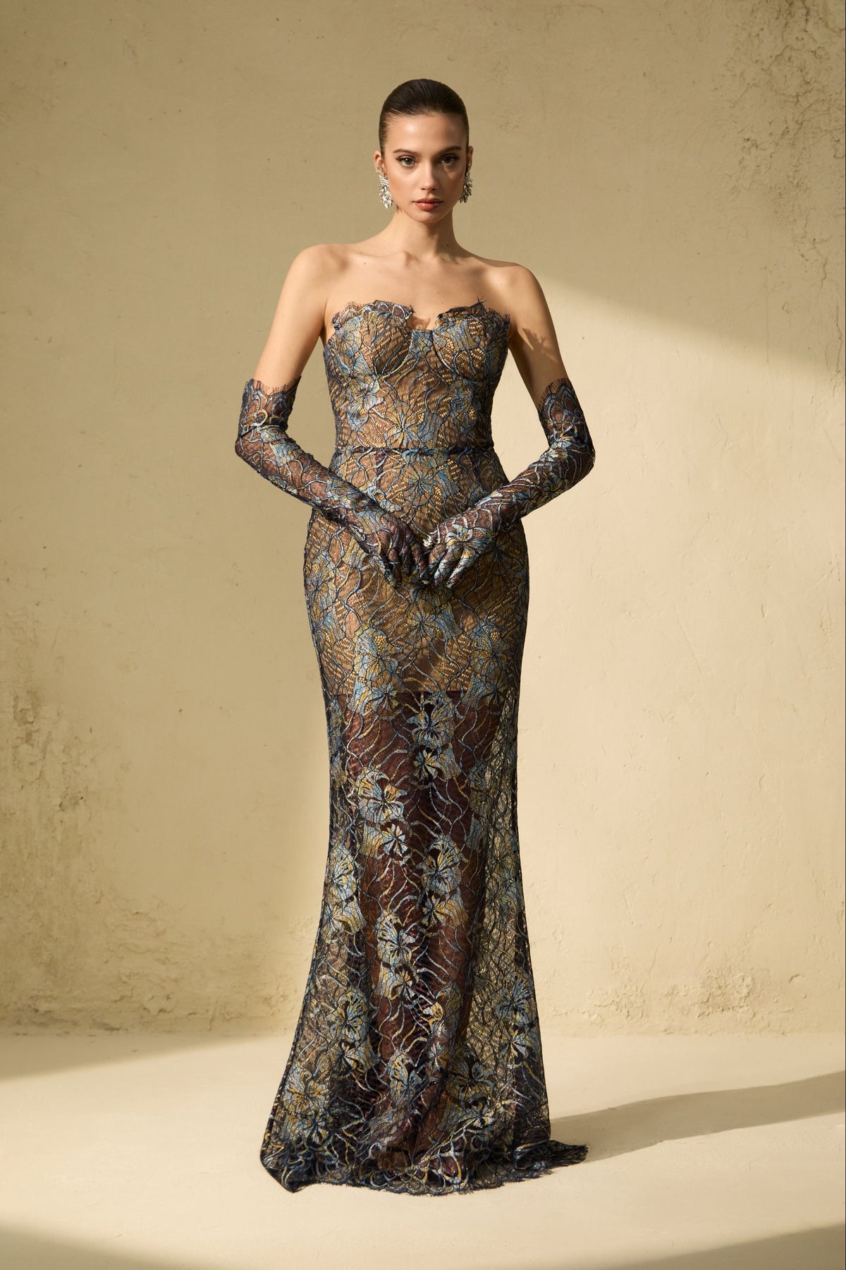 Sheer Fascination Blue Strapless Embroidered Lace Maxi Dress With Gloves
