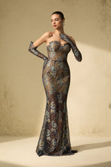 Sheer Fascination Blue Strapless Embroidered Lace Maxi Dress With Gloves