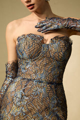 Sheer Fascination Blue Strapless Embroidered Lace Maxi Dress With Gloves