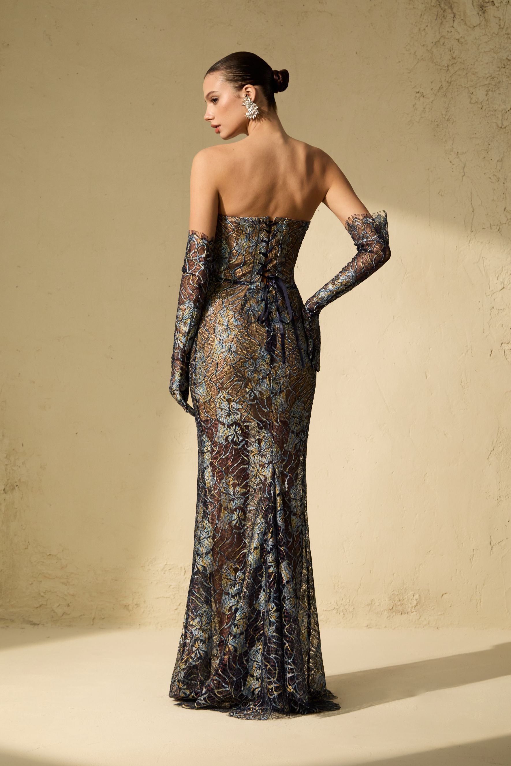 Sheer Fascination Blue Strapless Embroidered Lace Maxi Dress With Gloves