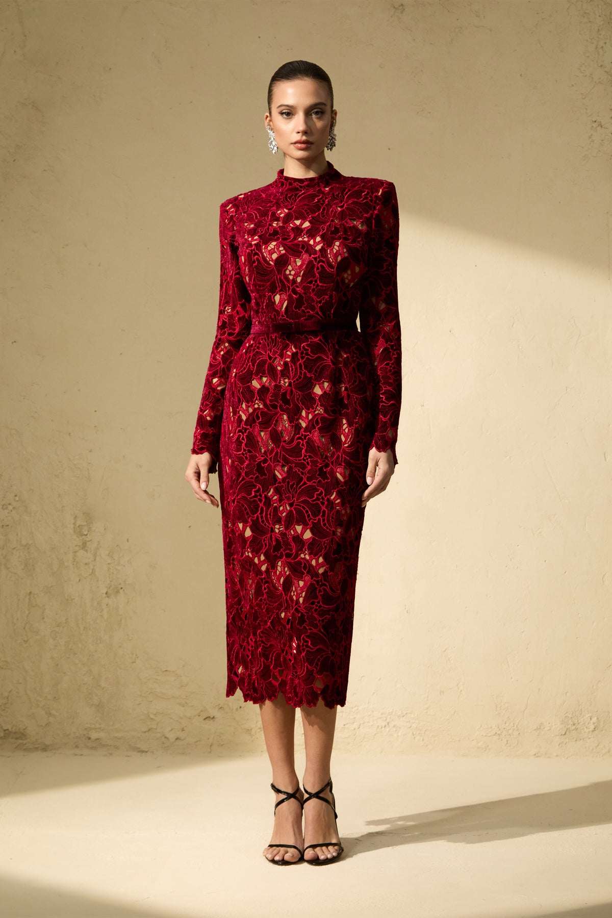 Love Me Forever Burgundy Floral Lace Long Sleeve Midi Dress