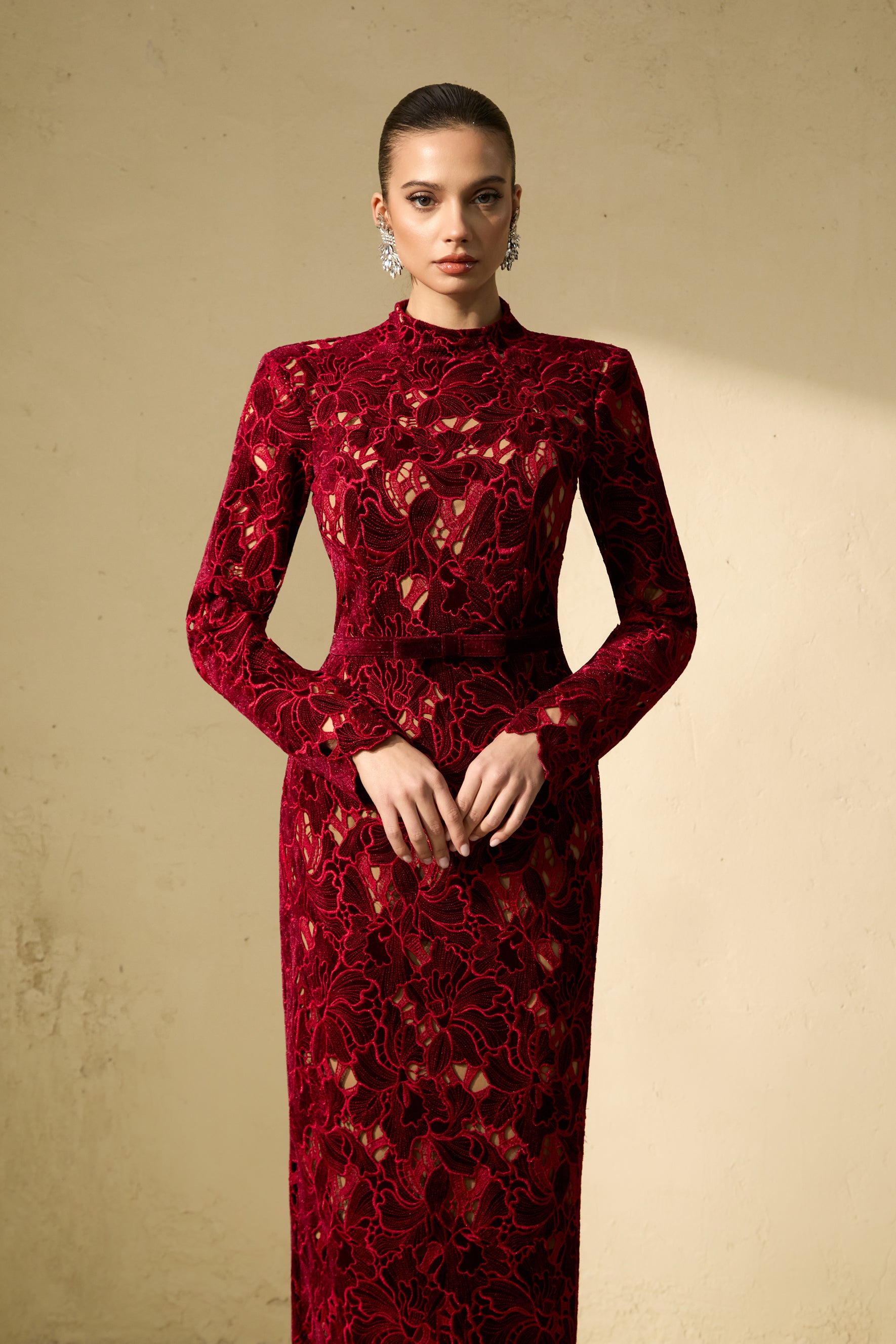 Love Me Forever Burgundy Floral Lace Long Sleeve Midi Dress