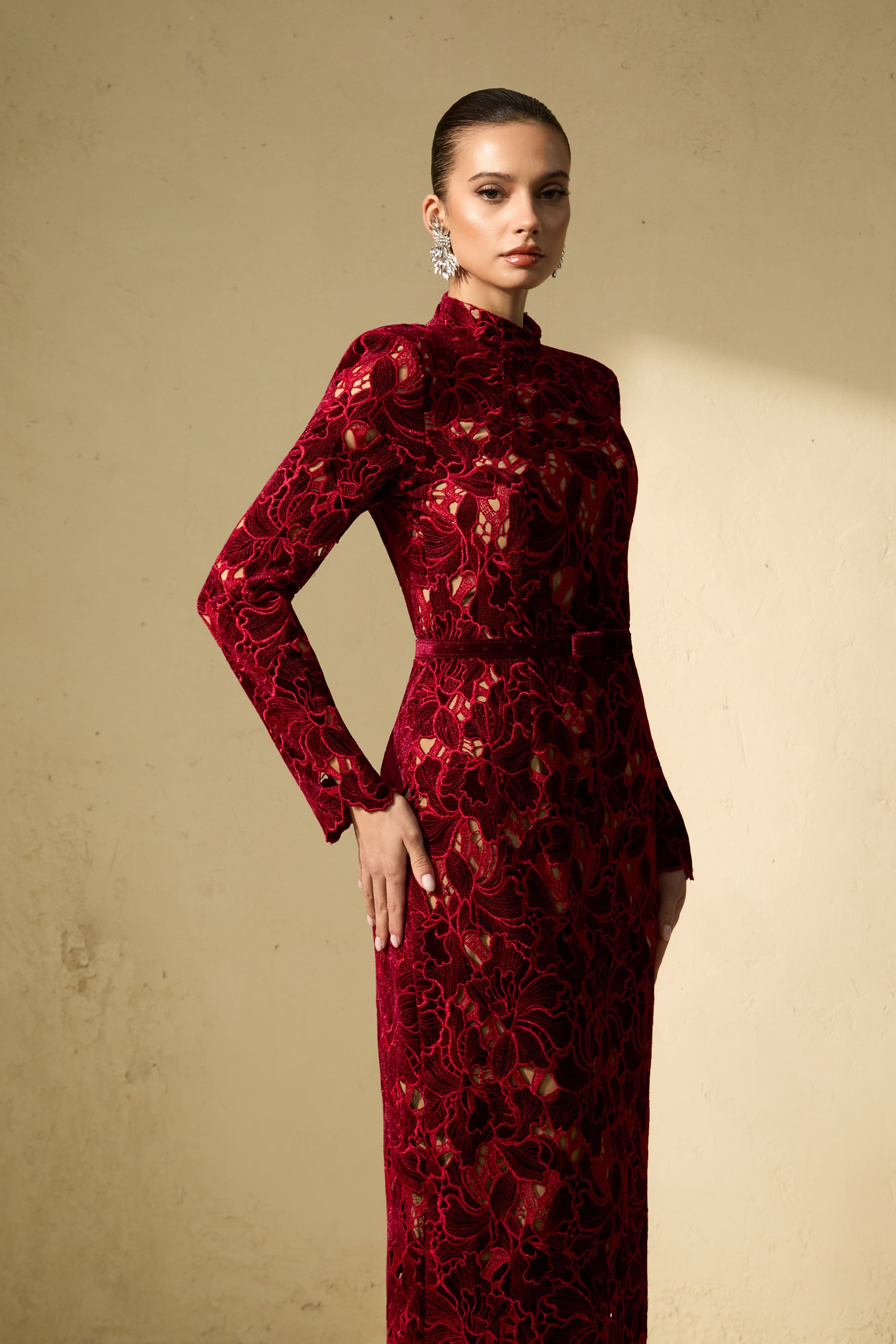 Love Me Forever Burgundy Floral Lace Long Sleeve Midi Dress