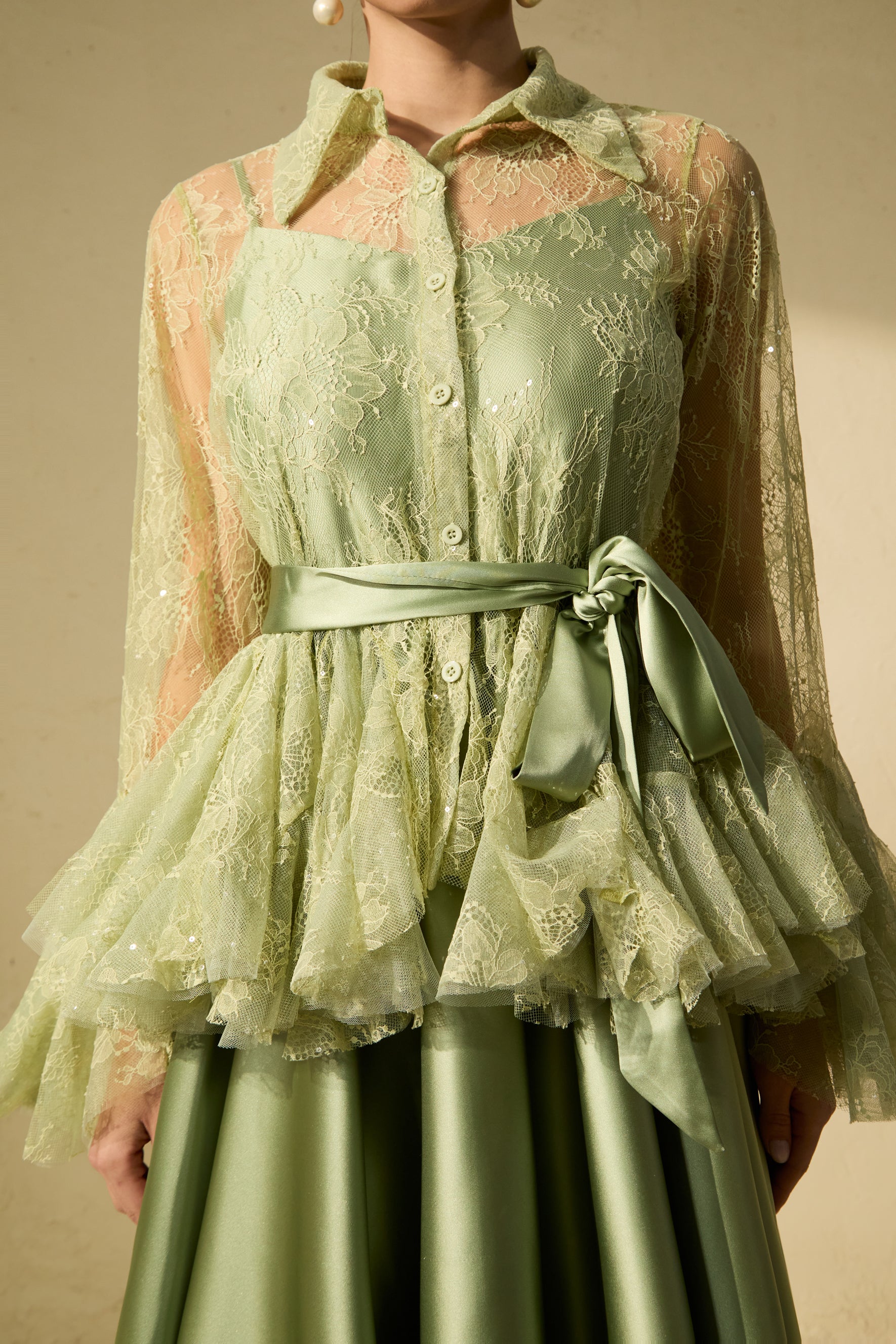 Soft Morning Mist Green Sheer Ruffled Blouse & Satin Dress Set