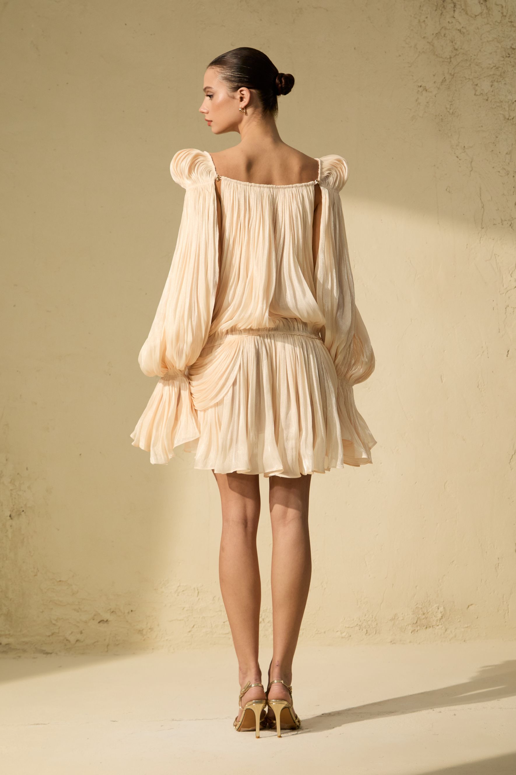 Romance Dreamer Beige Puff Sleeve Ruffle Hem Mini Dress