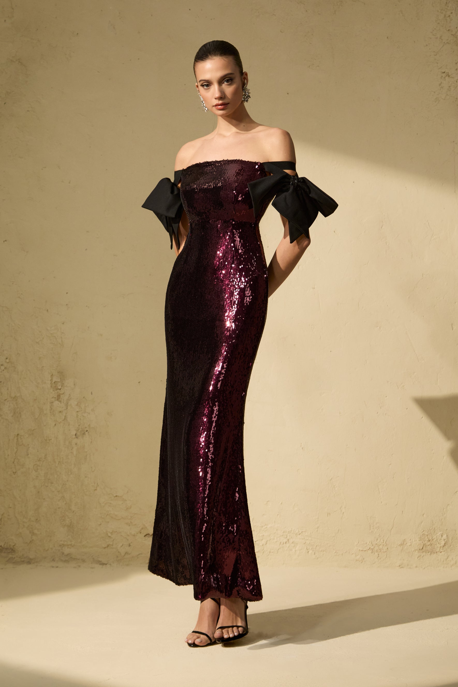 My Feels Burgundy Sequin Off Shoulder Maxi Dress