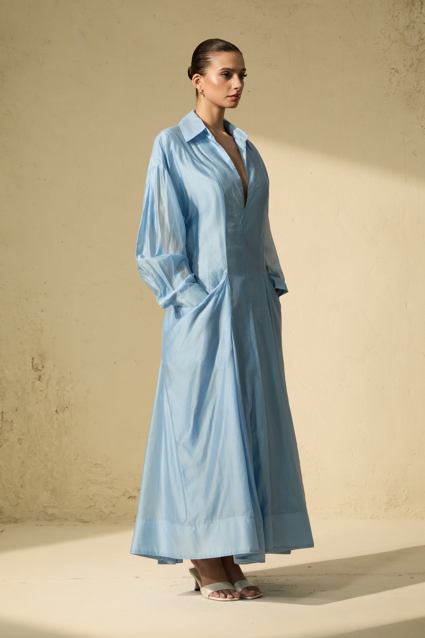 Leisurely Luxe Collared Deep V Maxi Dress