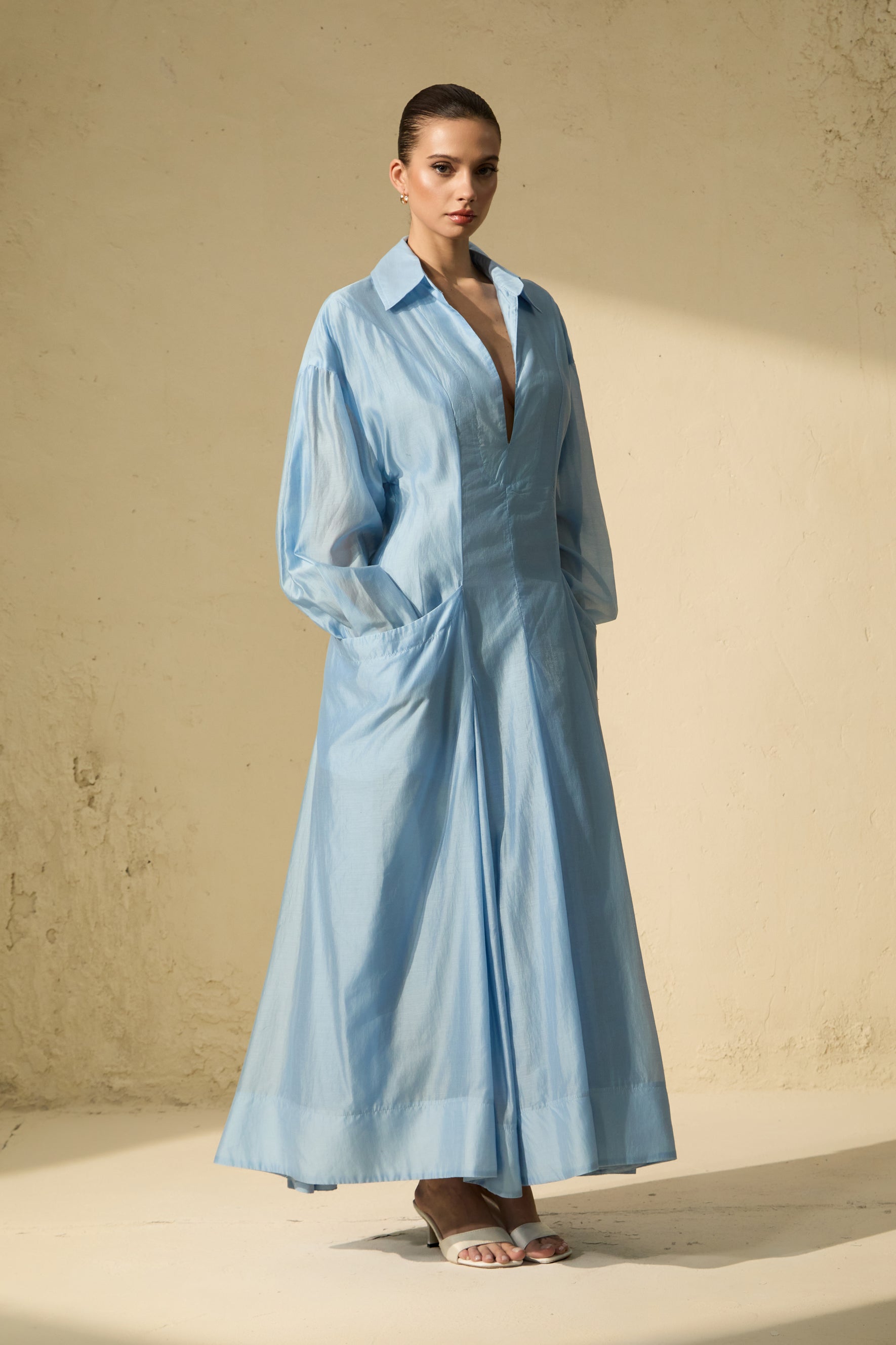 Leisurely Luxe Collared Deep V Maxi Dress
