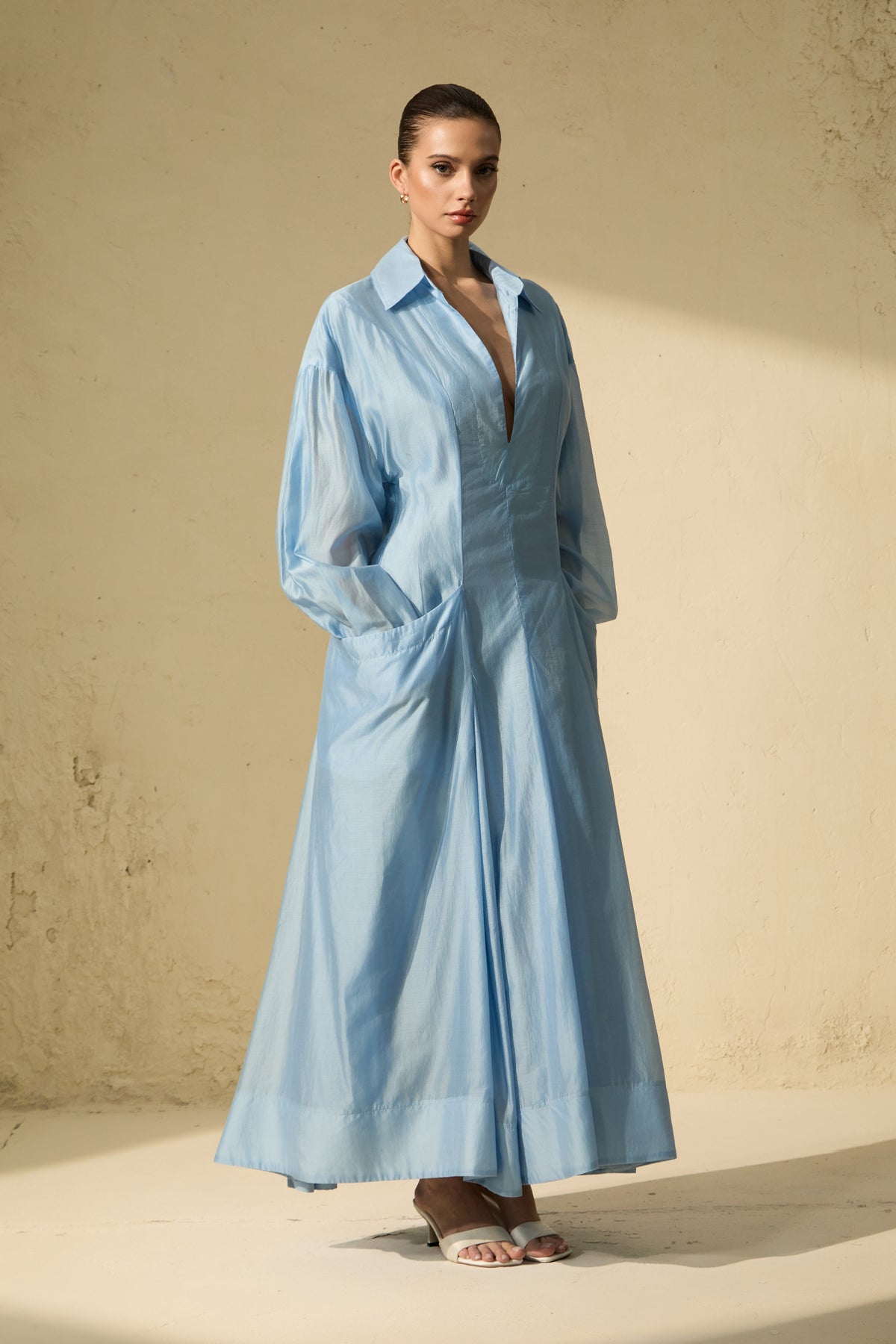 Leisurely Luxe Collared Deep V Maxi Dress