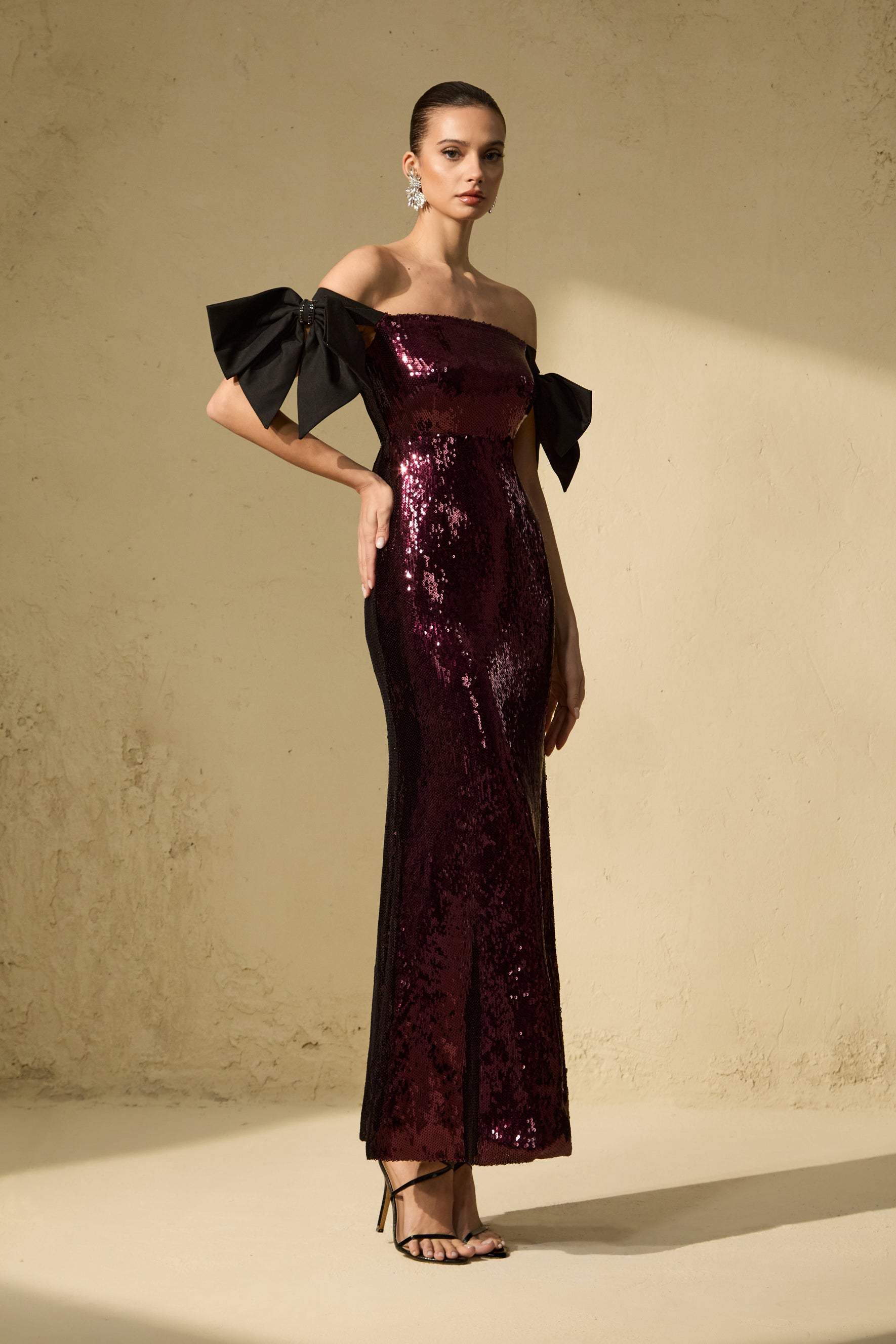 My Feels Burgundy Sequin Off Shoulder Maxi Dress