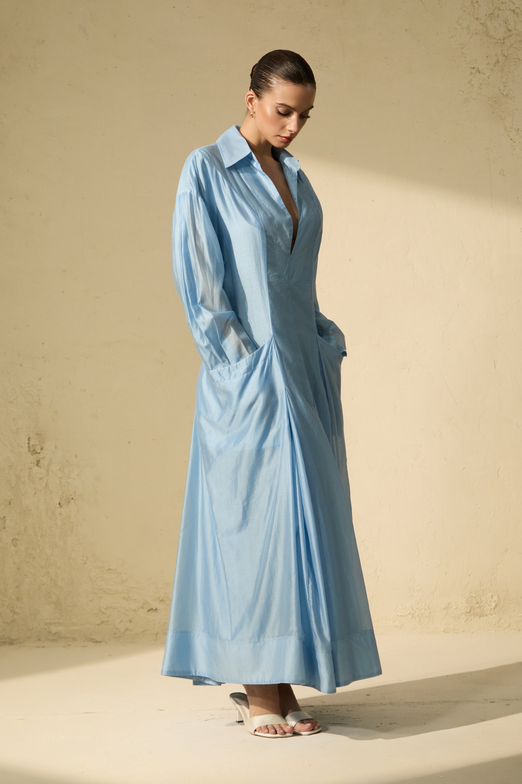Leisurely Luxe Collared Deep V Maxi Dress