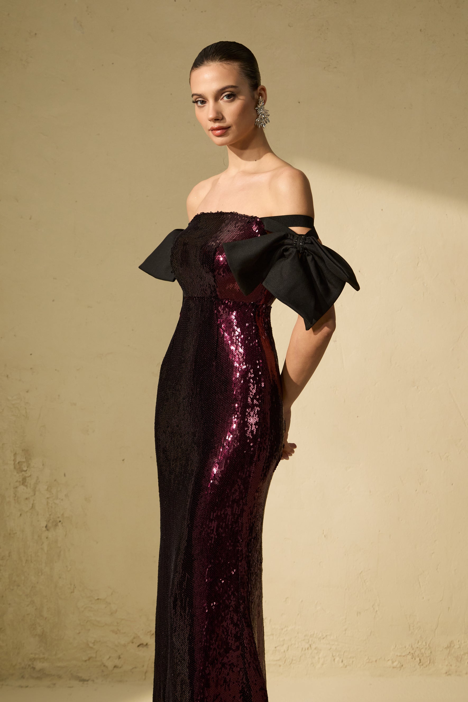 My Feels Burgundy Sequin Off Shoulder Maxi Dress