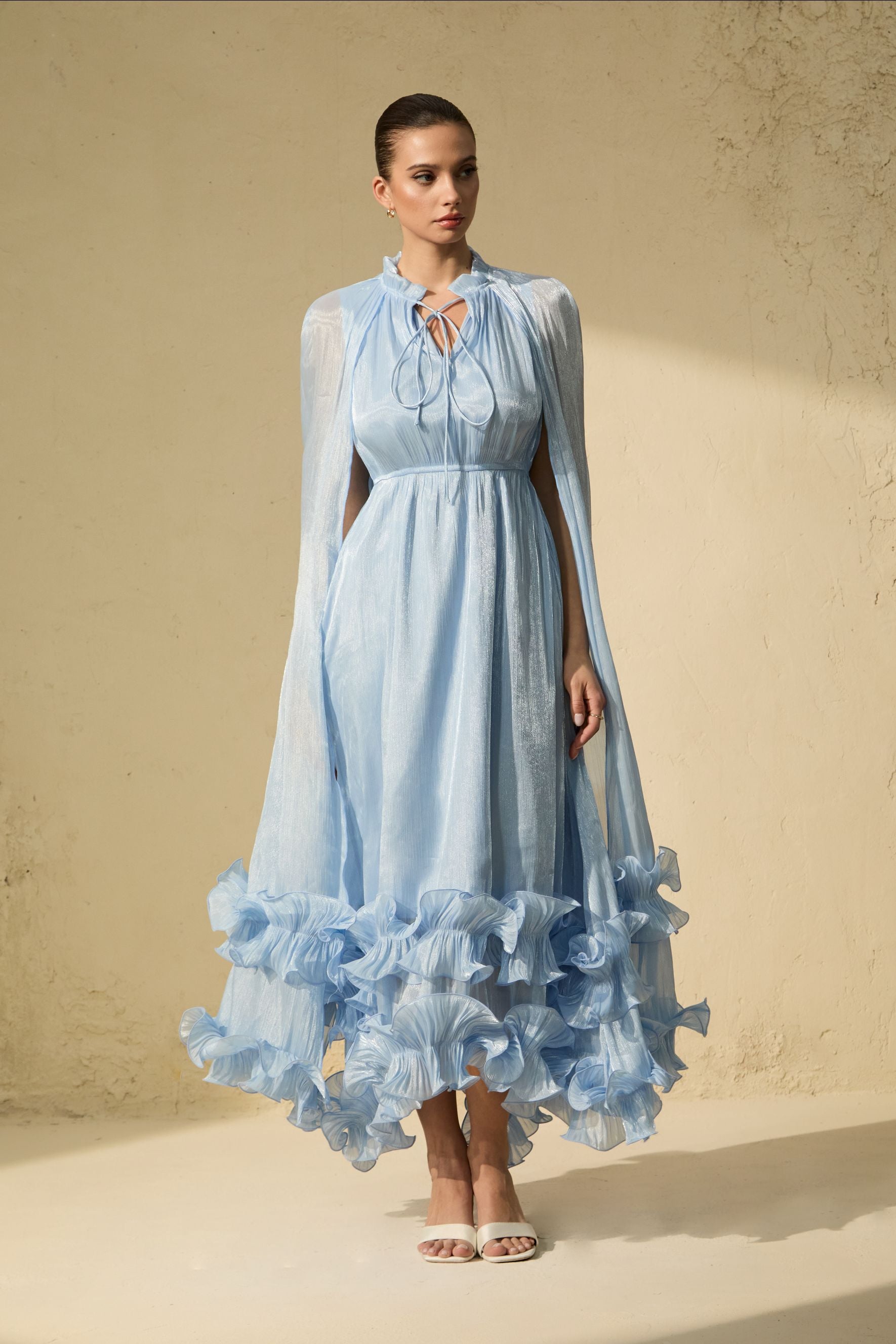 Shirley Blue Cape-effect Ruffled Midi Dress