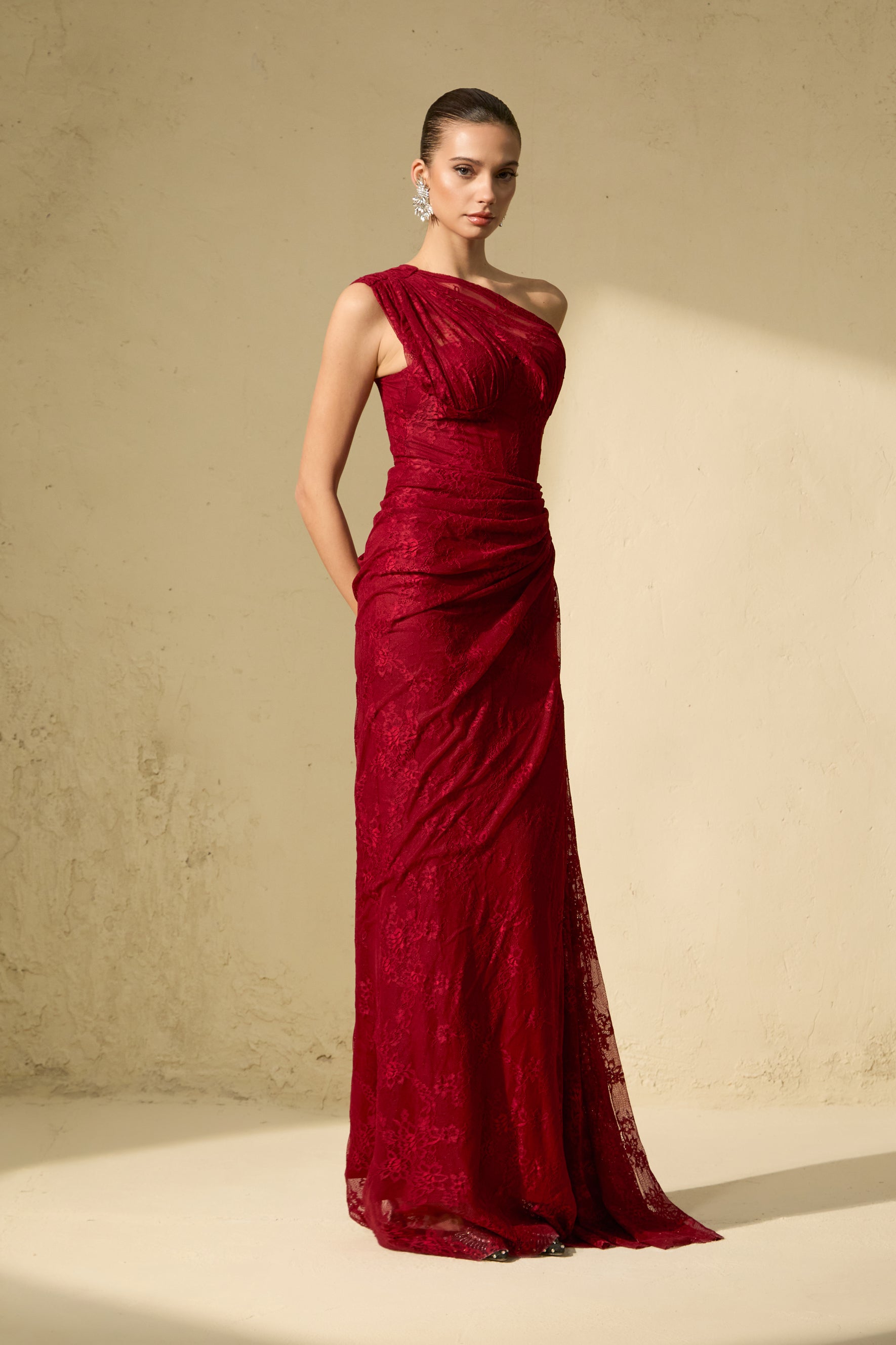 Quite Perfect Red One-Shoulder Lace Corset Maxi Dress