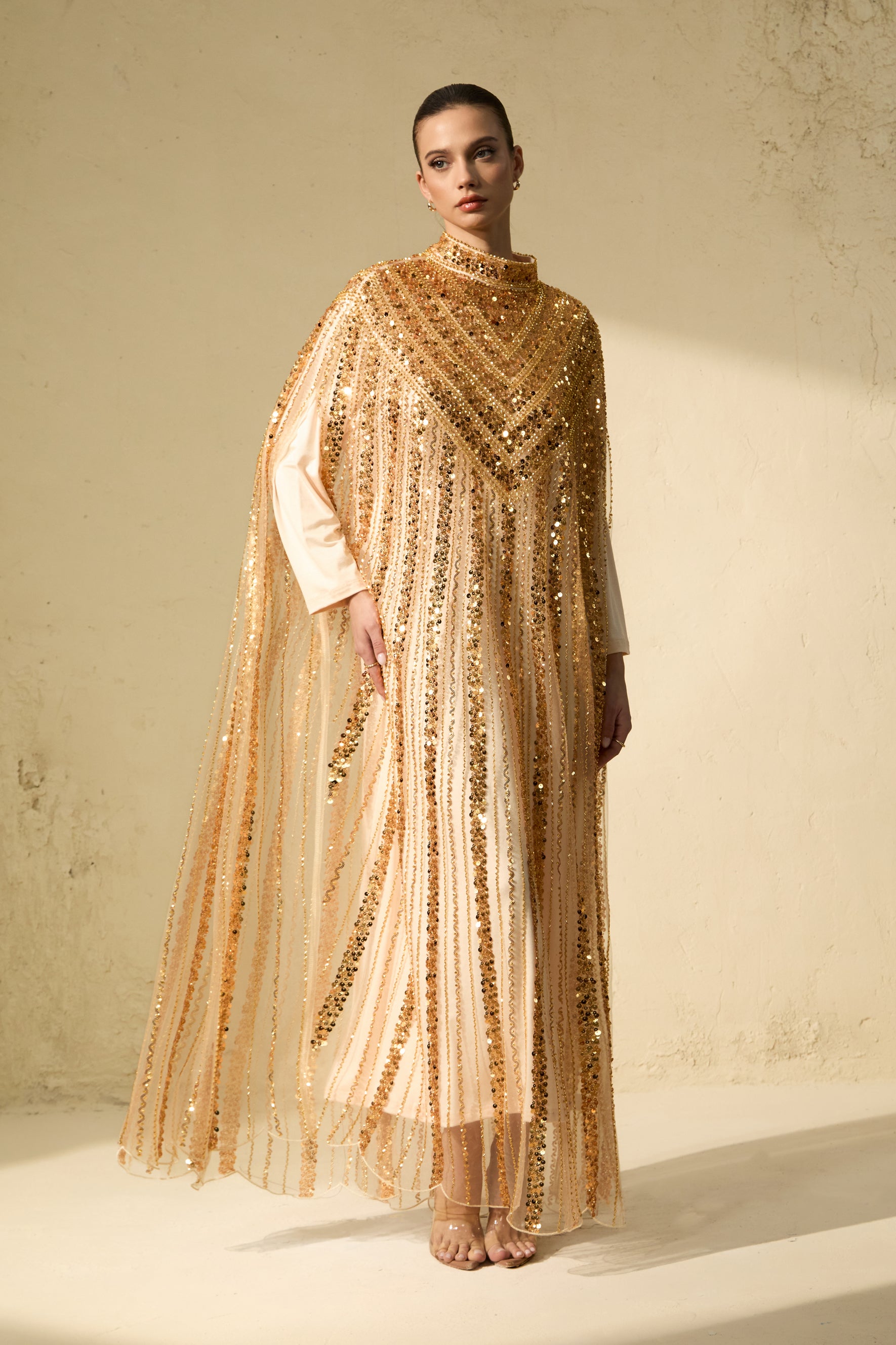 Shining Luxury Gold Chevron Sequin Tulle Maxi Dress