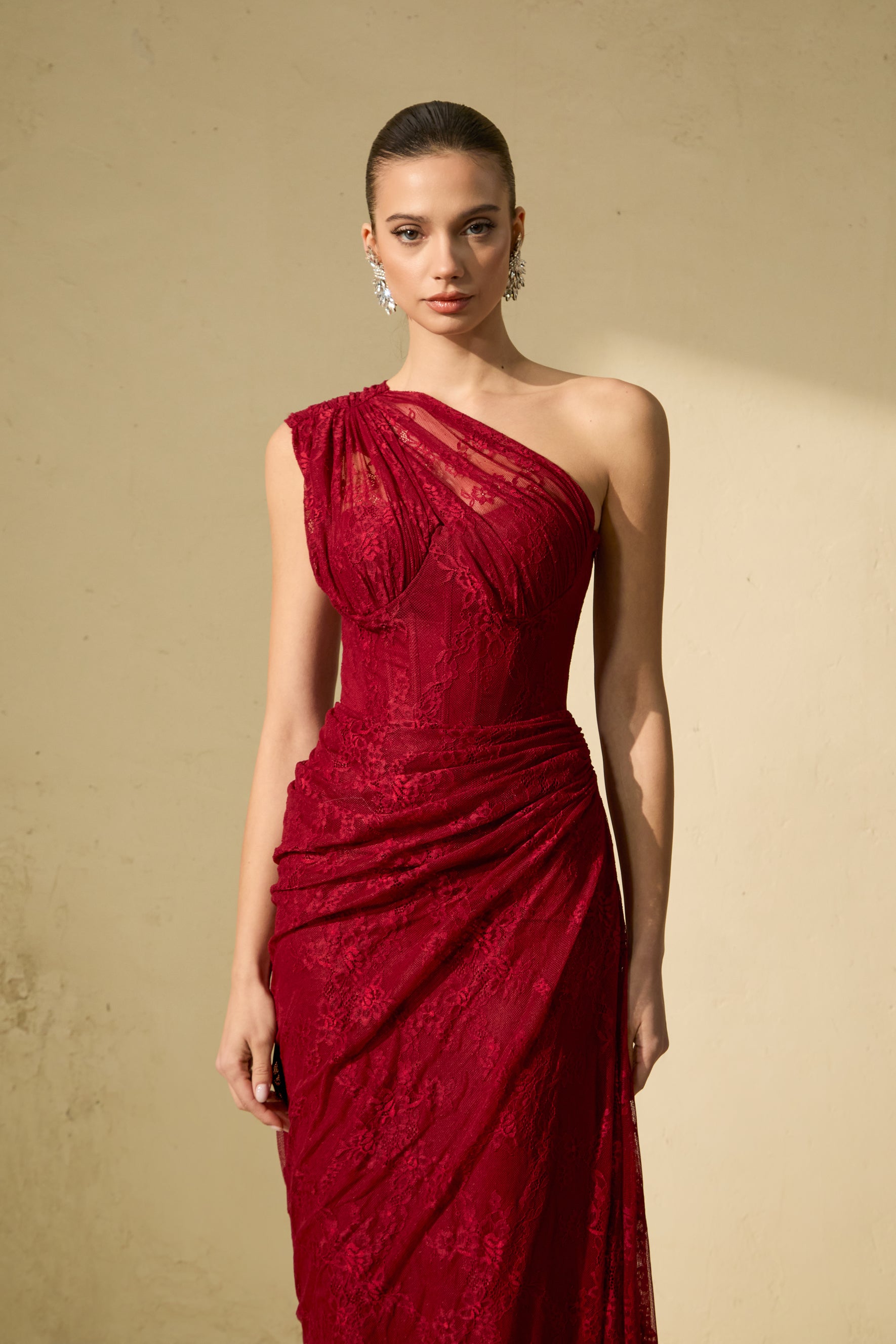 Quite Perfect Red One-Shoulder Lace Corset Maxi Dress