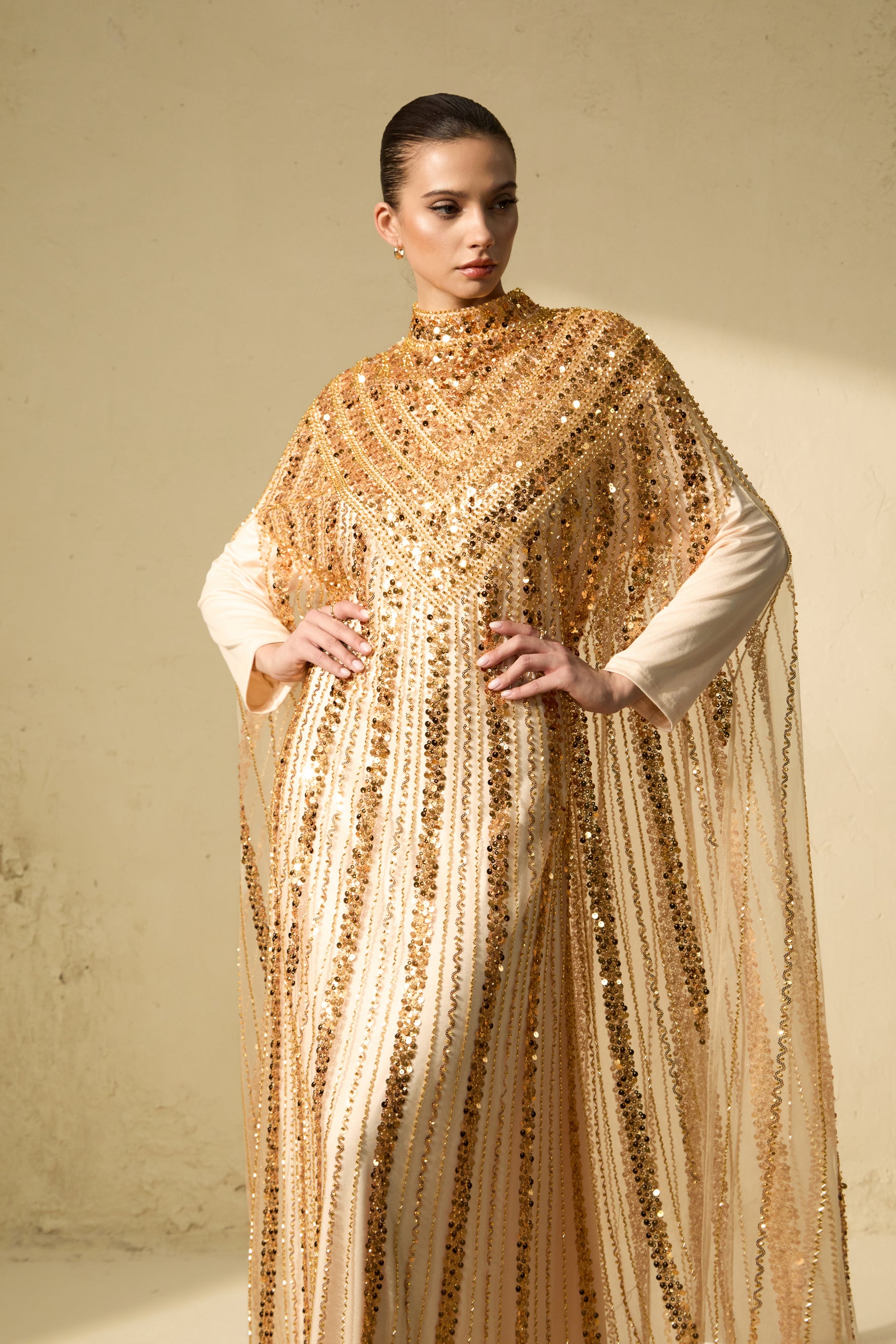 Shining Luxury Gold Chevron Sequin Tulle Maxi Dress