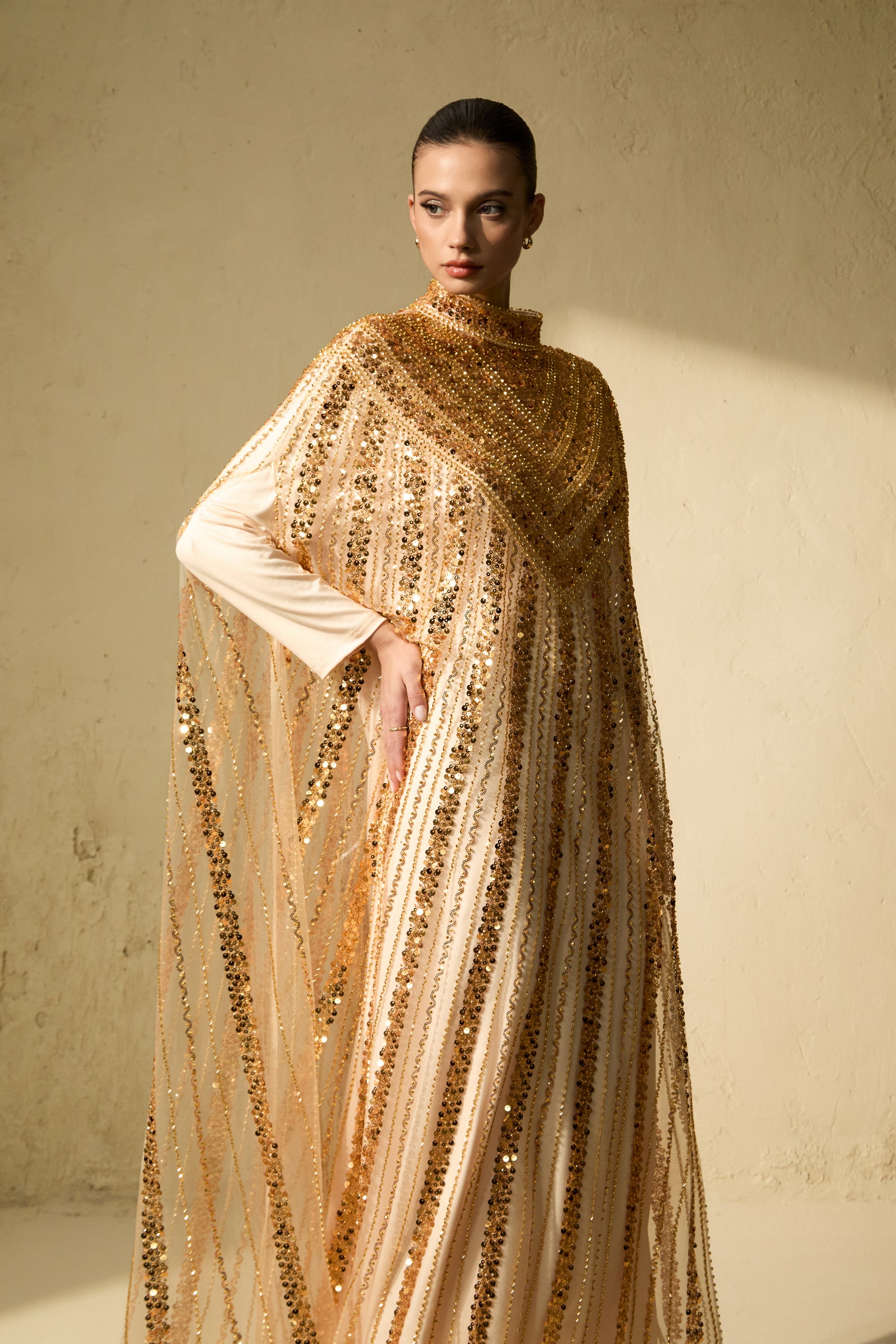Shining Luxury Gold Chevron Sequin Tulle Maxi Dress