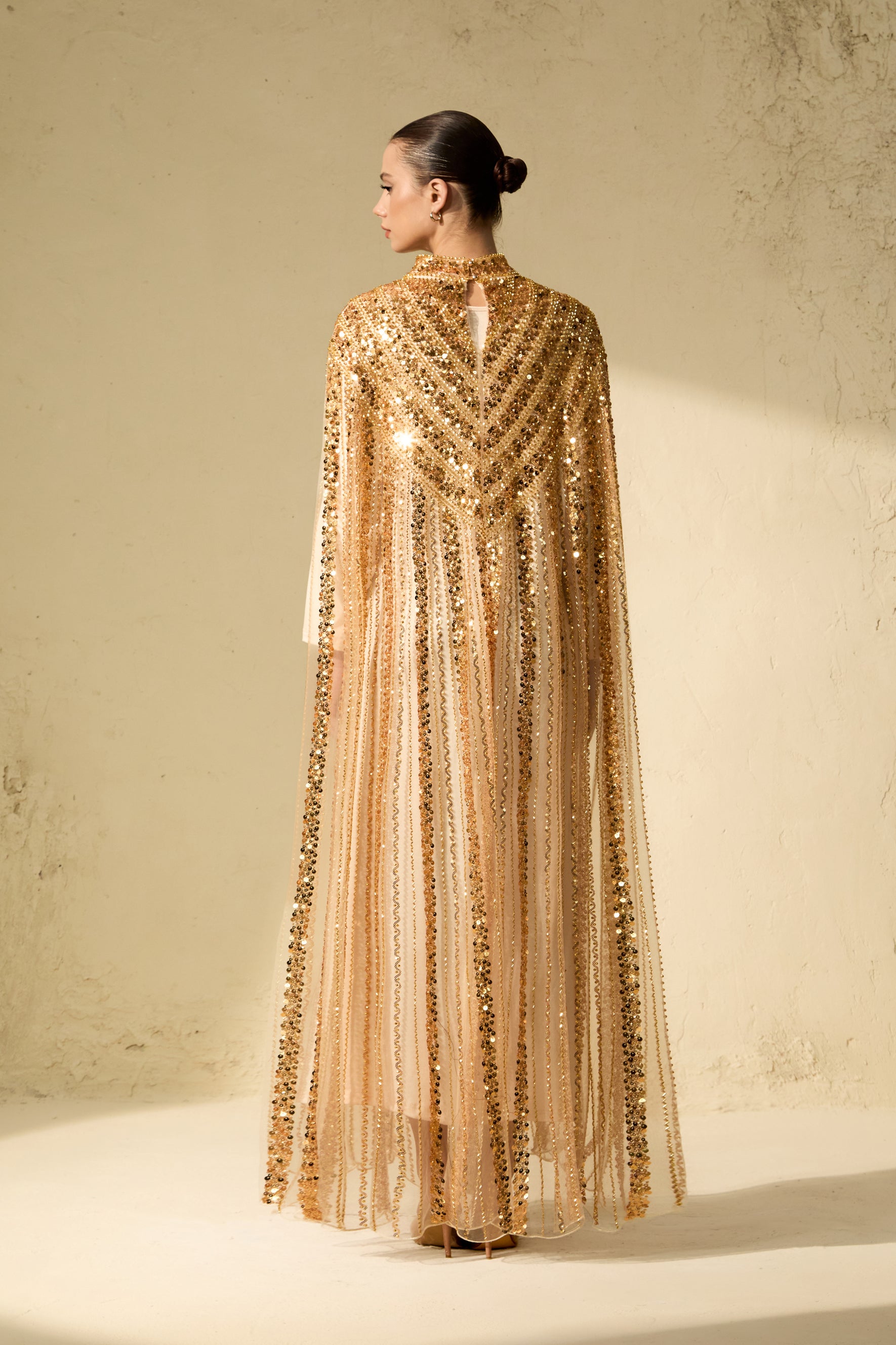 Shining Luxury Gold Chevron Sequin Tulle Maxi Dress