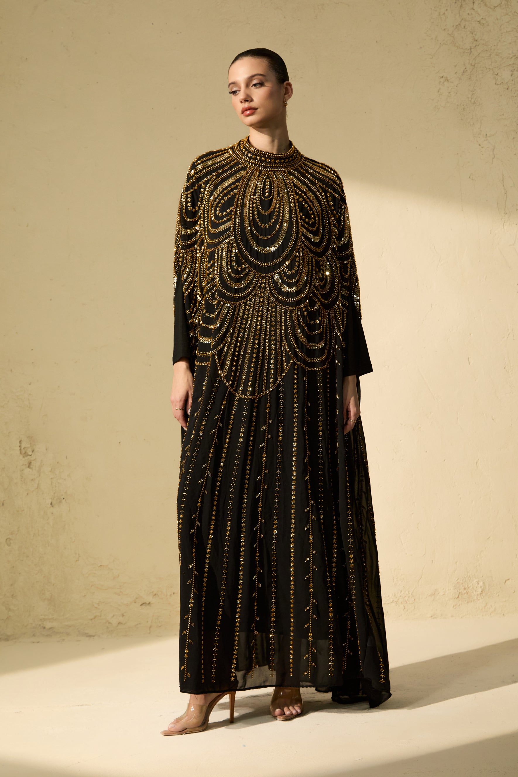 Glamorous Choice Black Beaded Cape Maxi Dress