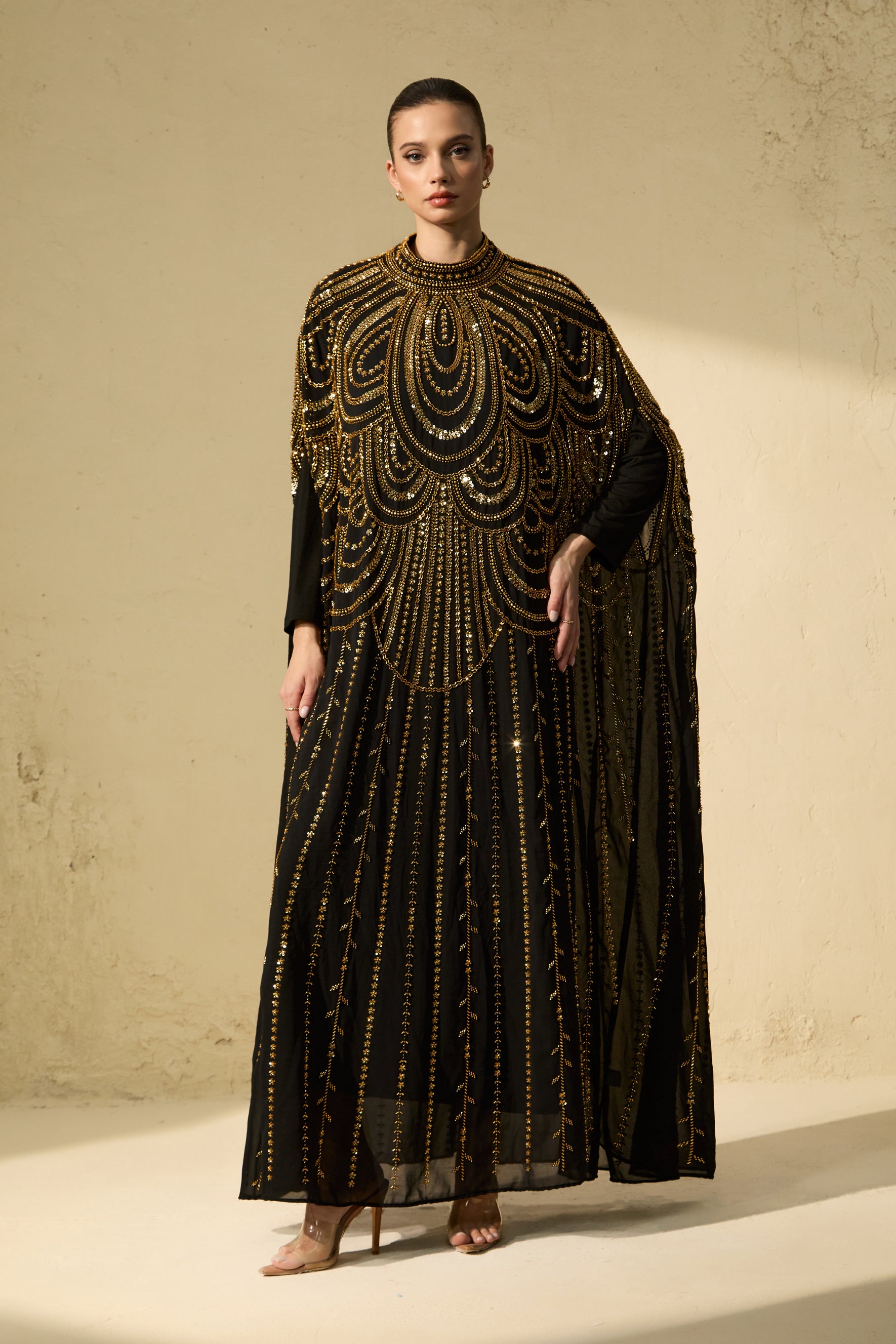 Glamorous Choice Black Beaded Cape Maxi Dress