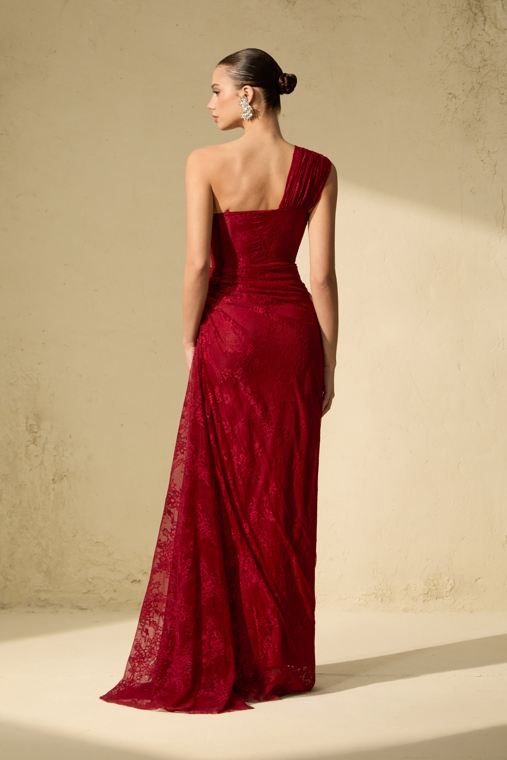 Quite Perfect Red One-Shoulder Lace Corset Maxi Dress