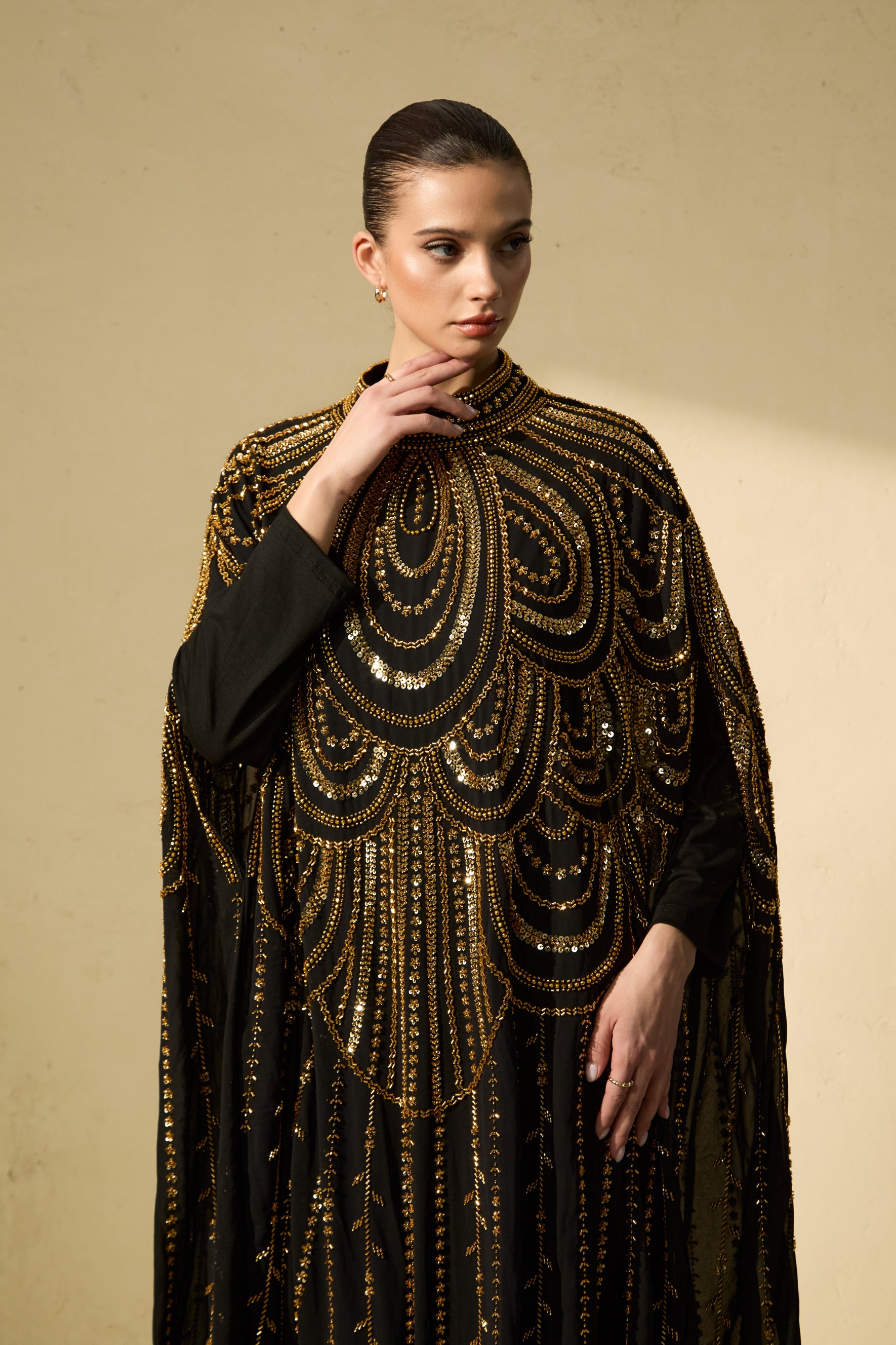 Glamorous Choice Black Beaded Cape Maxi Dress