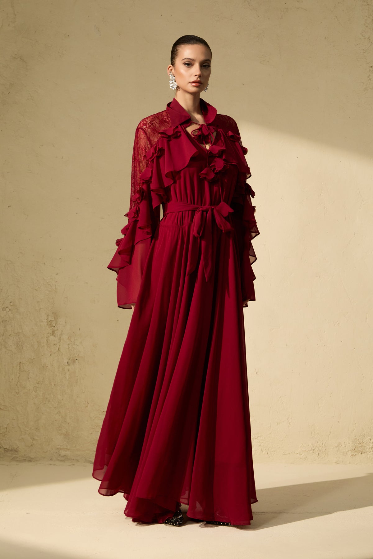 Beautiful Aura Sheer Lace Ruffled Sleeve Maxi Dress