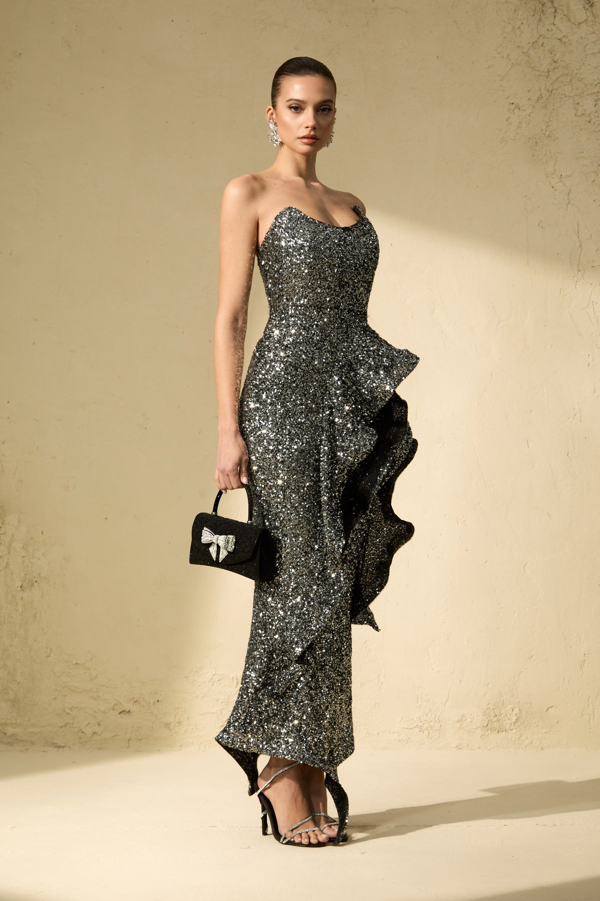 Flawless Sparkle Silver Sequin Asymmetric Ruffle Maxi Dress